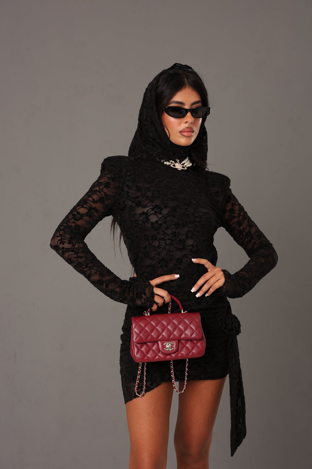 VESTITO PIZZO CASSANDRA NERO + FOULARD