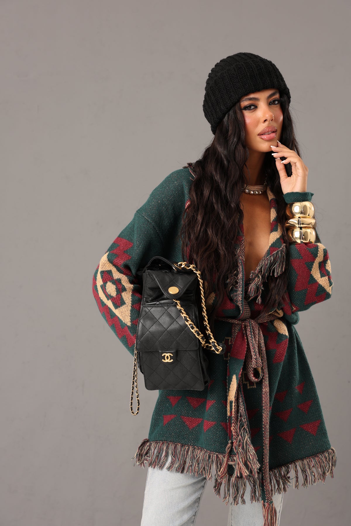 CARDIGAN FRANGE AZTECO VERDE