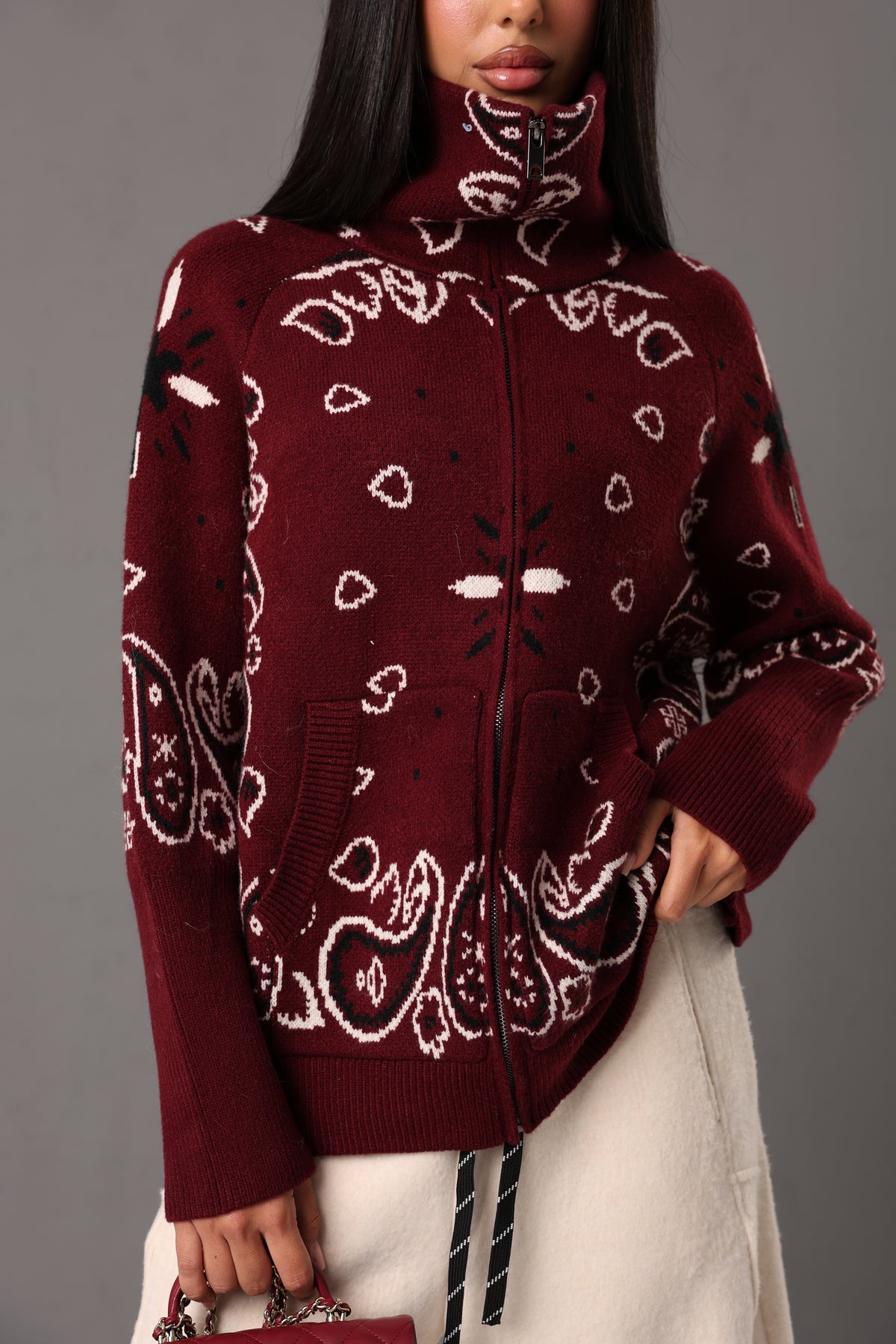 CARDIGAN COLLO ALTO PAISLEY DIANNE BORDEAUX
