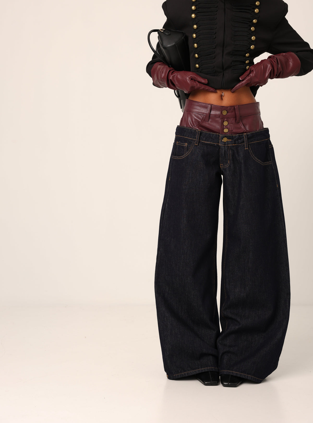 JEANS DOPPIO BUSTINO ECOPELLE COLMAR BORDEAUX/DENIM SCURO
