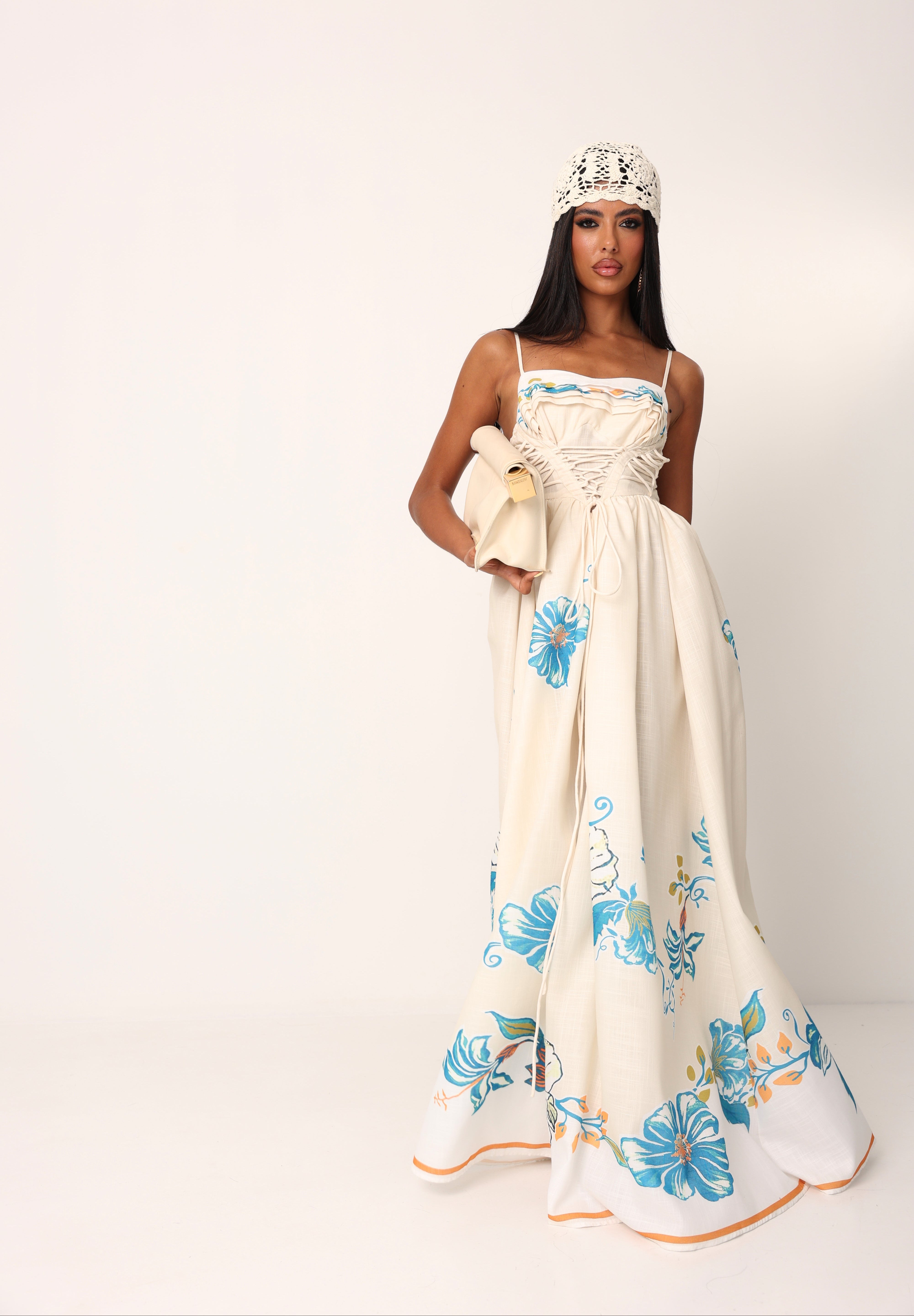 VESTITO STRINGHE AURORA FIORATO PANNA