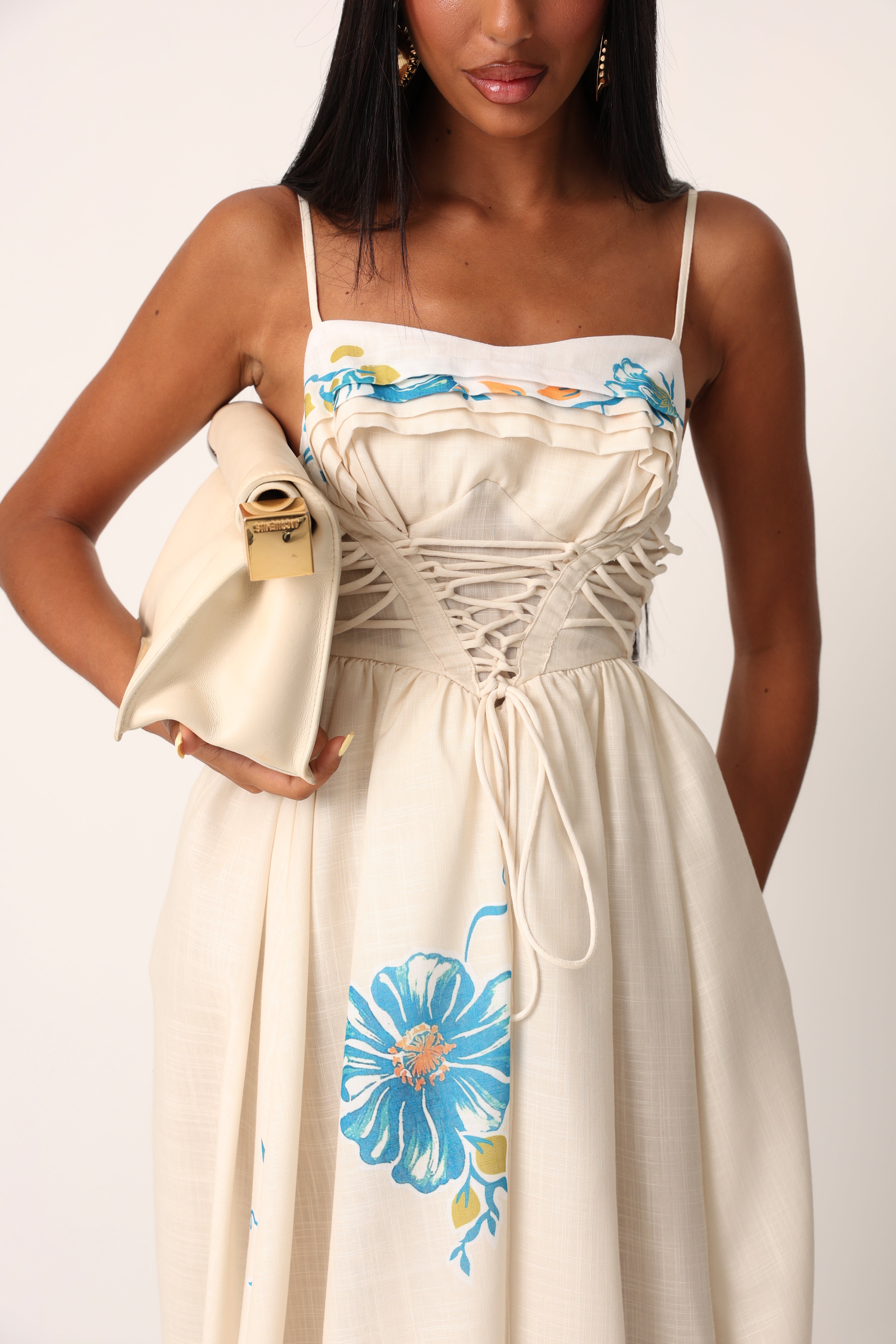 VESTITO STRINGHE AURORA FIORATO PANNA
