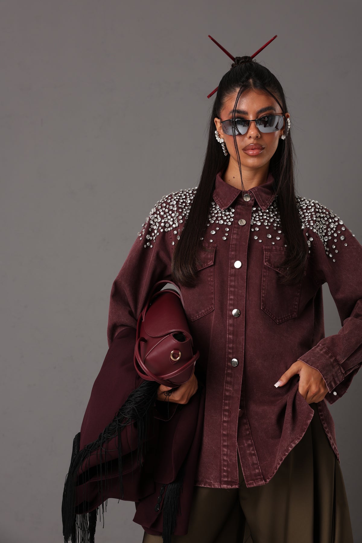 CAMICIA STRASS CRISTINA DENIM BORDEAUX