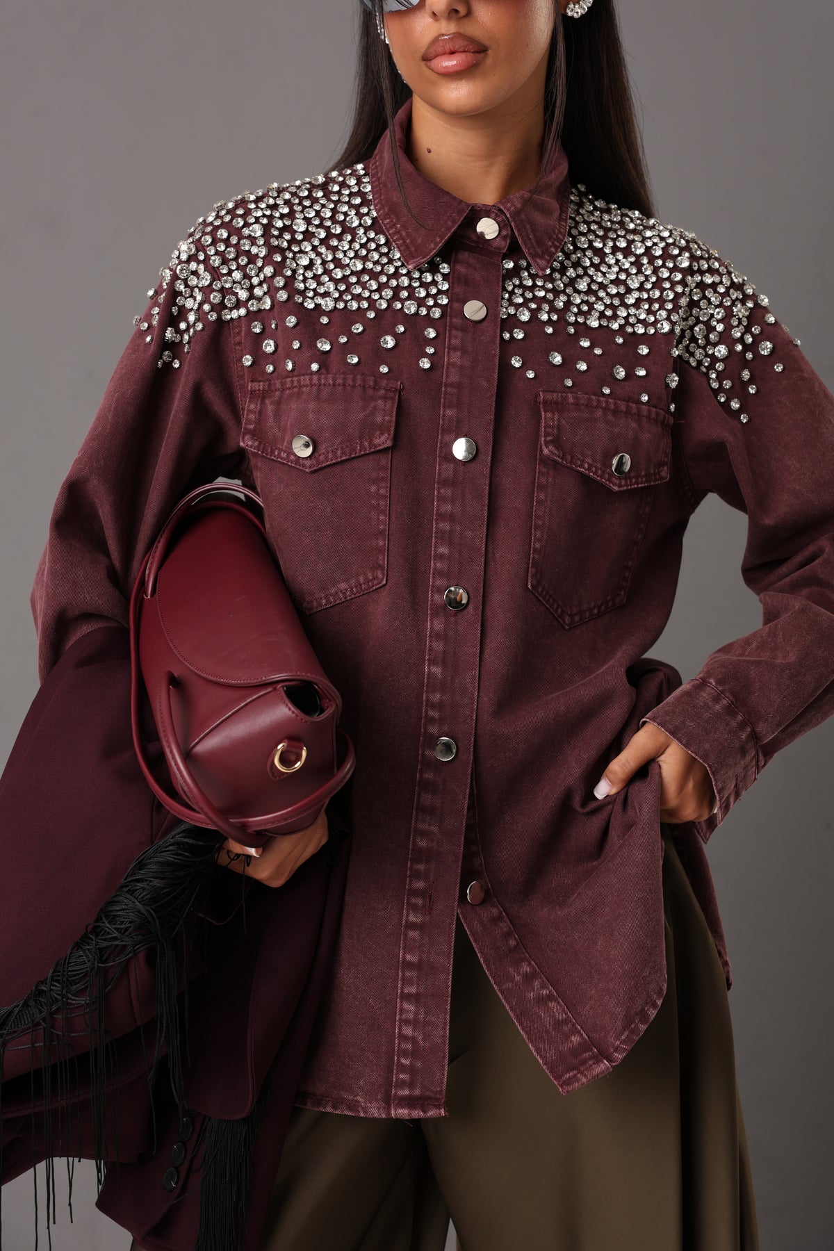 CAMICIA STRASS CRISTINA DENIM BORDEAUX