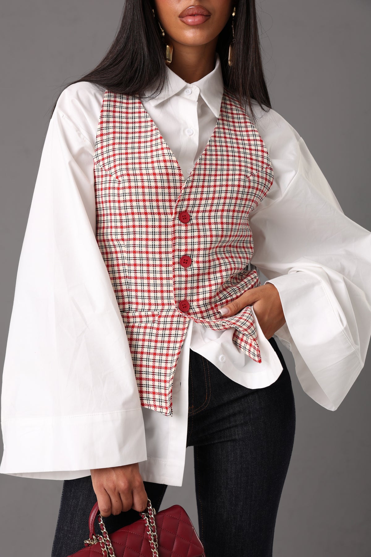 GILET QUADRETTI MAGDA PANNA/ROSSO