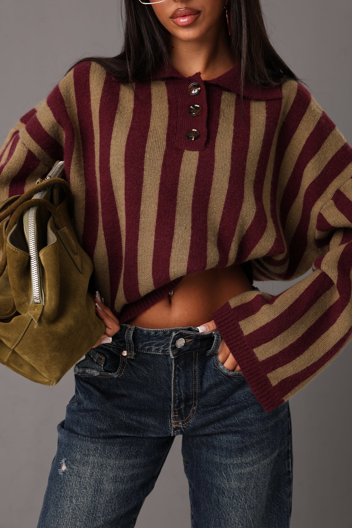 PULL RIGHE KELINDA KHAKI/BORDEAUX