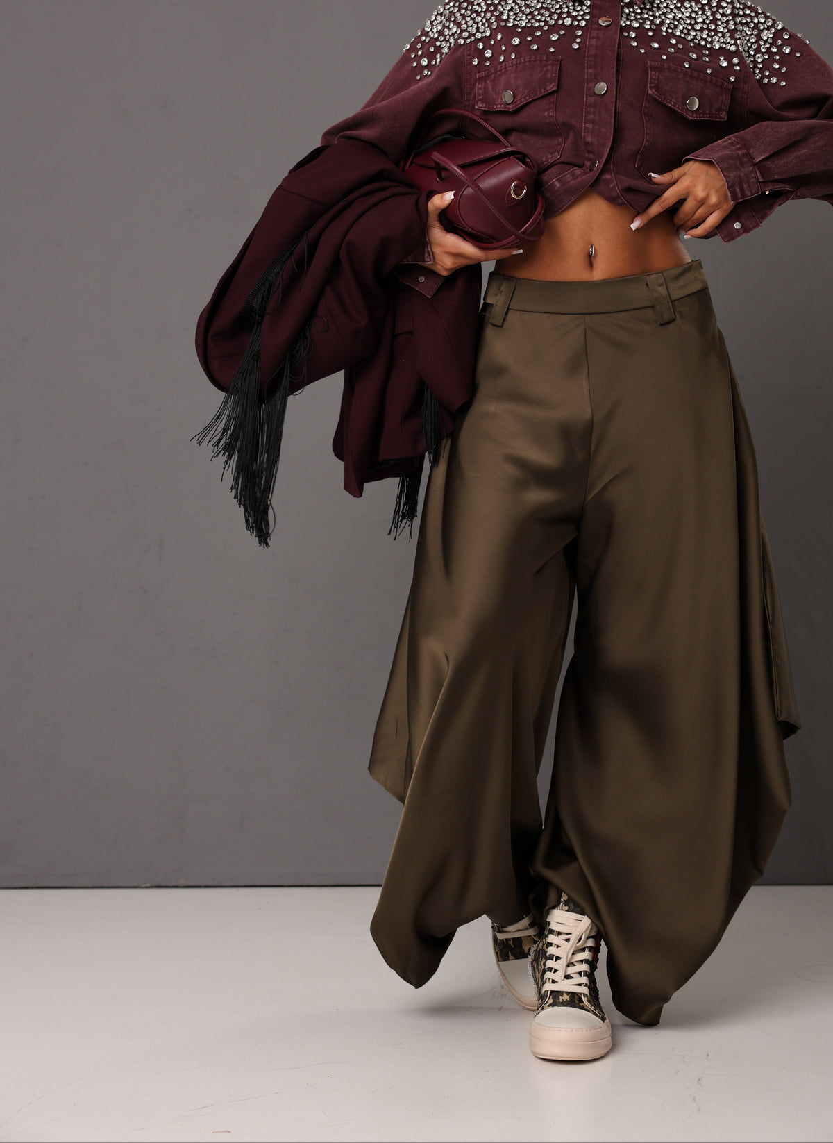 PANTALONI EFFETTO SETA ALESSANDRA VERDE MILITARE