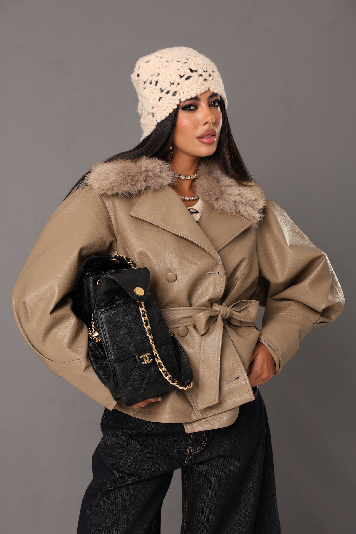 GIUBBINO ECOPELLE CRAZY BEIGE CON COLLO IN PELLICCIA