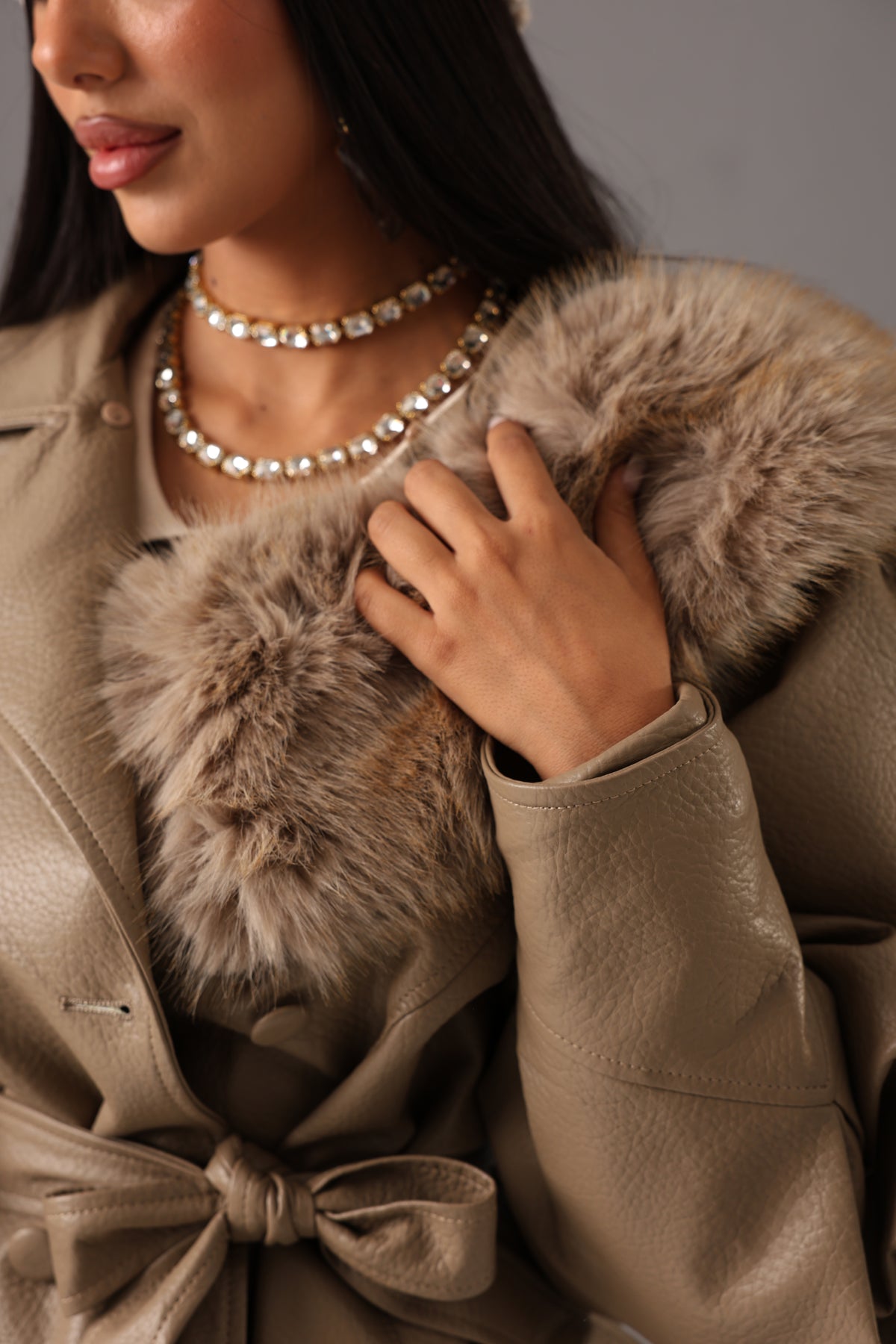 GIUBBINO ECOPELLE CRAZY BEIGE CON COLLO IN PELLICCIA