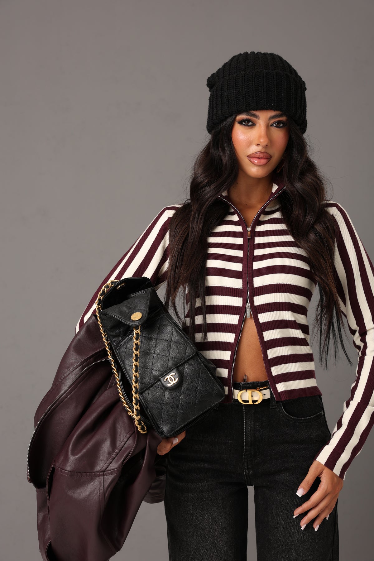 CARDIGAN RIGHE FIORE PANNA/BORDEAUX
