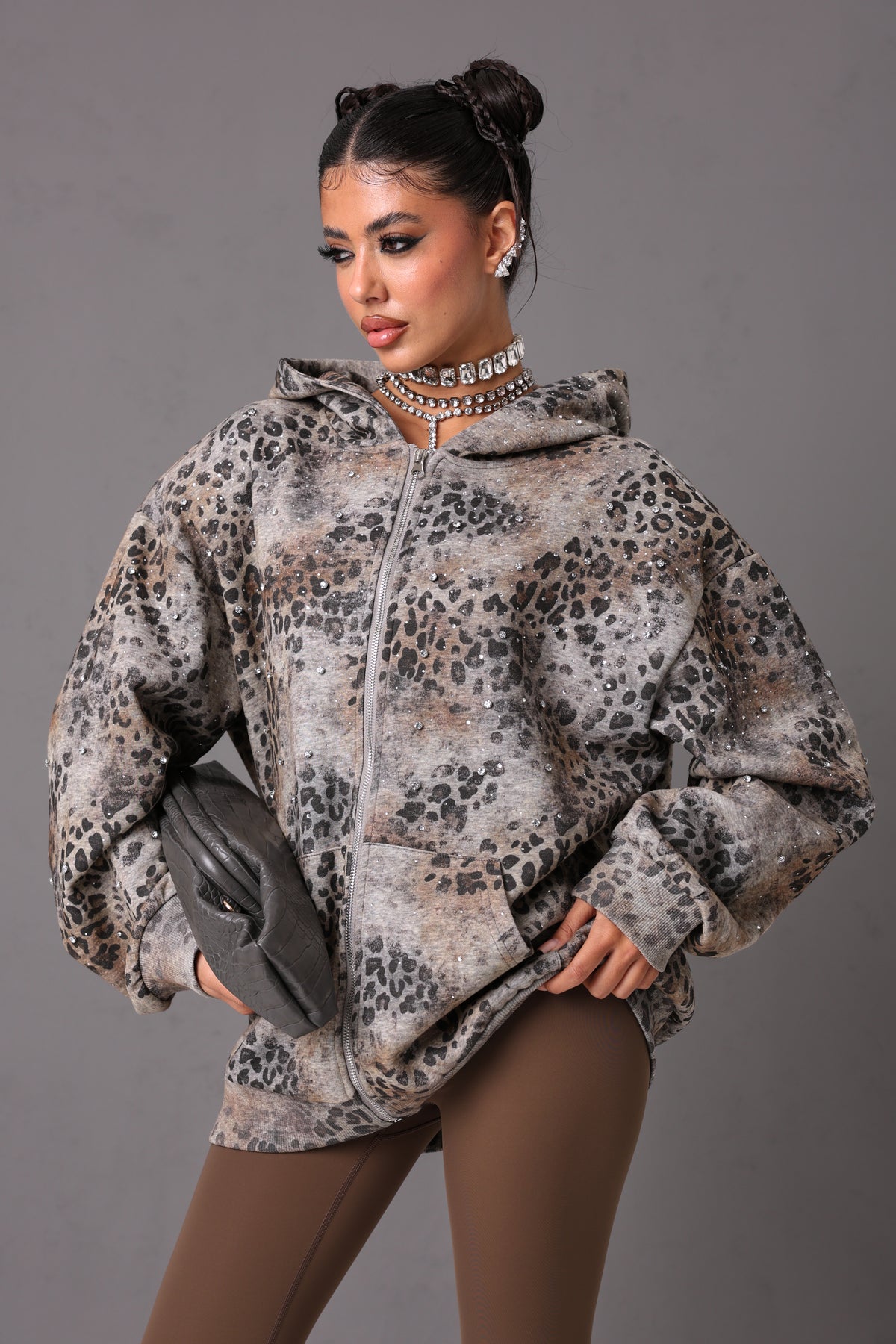 FELPA STRASS ANIMALIER YVONNE GRIGIA