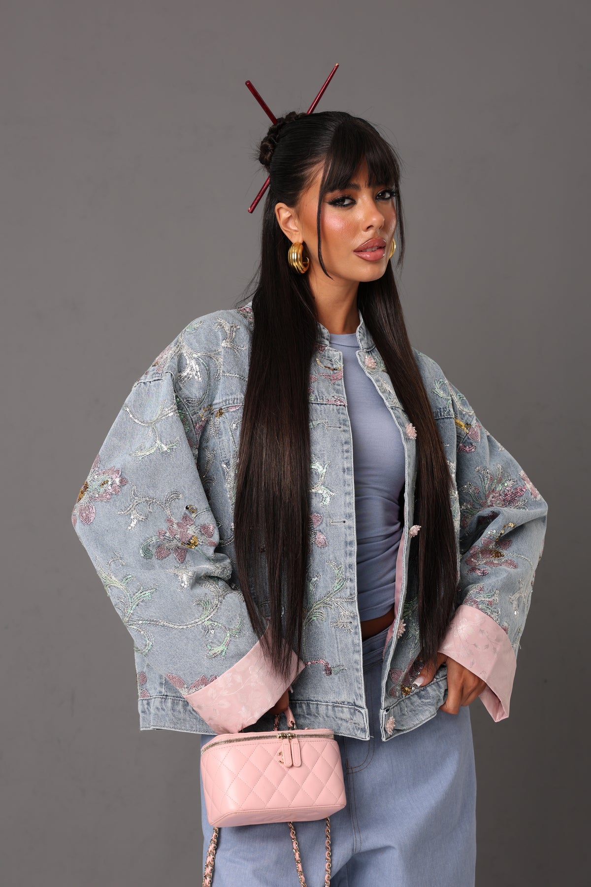 GIACCHINO RICAMI FIORATI ASIA DENIM CHIARO/ROSA