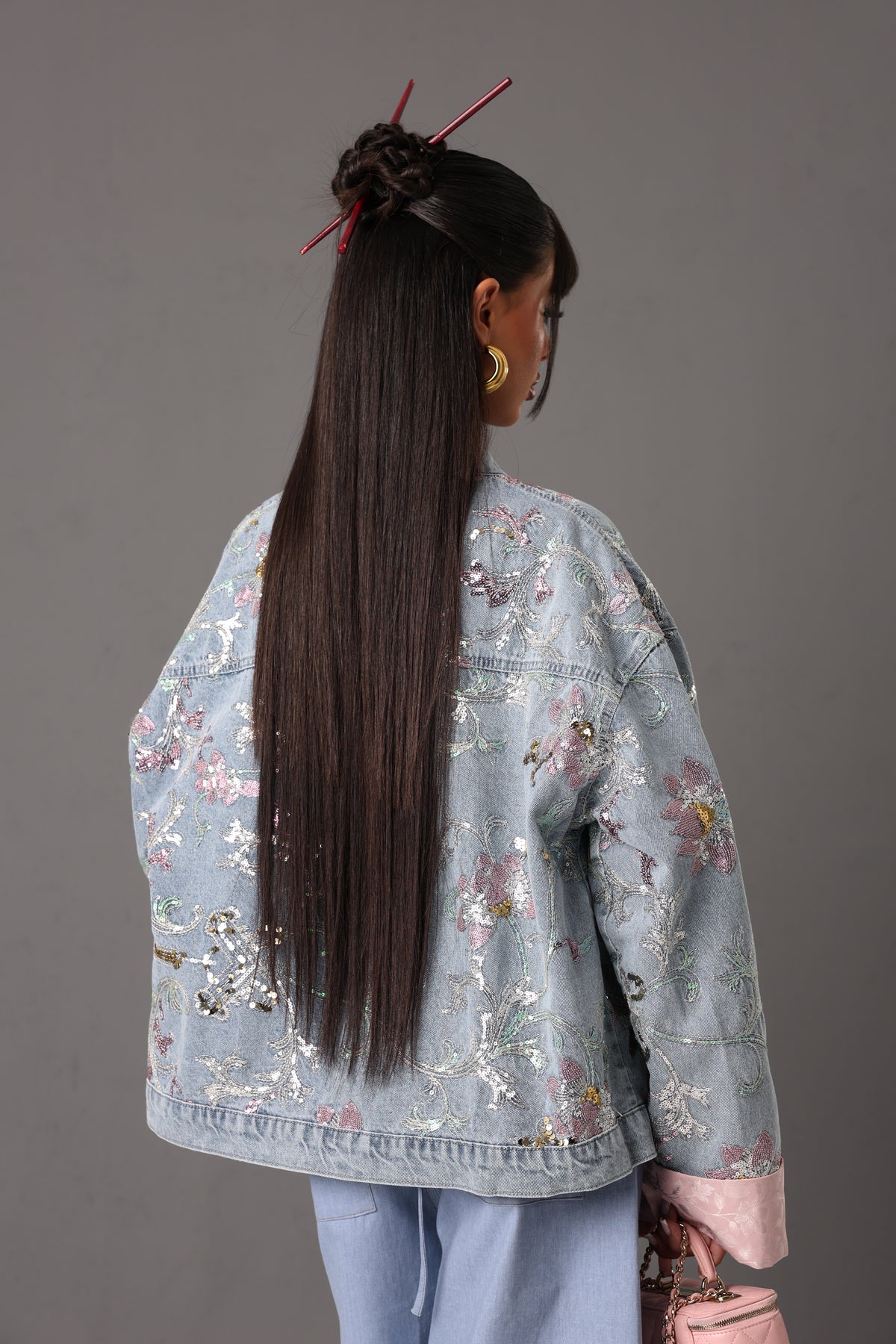 GIACCHINO RICAMI FIORATI ASIA DENIM CHIARO/ROSA