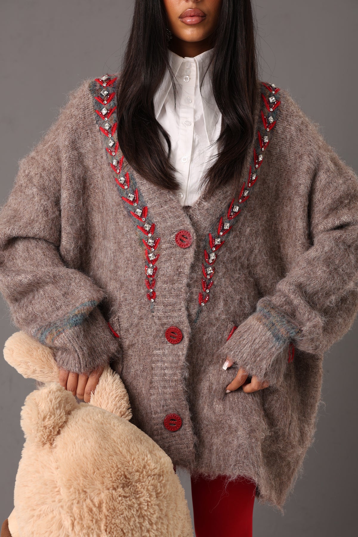 CARDIGAN STRASS ARIELLE BEIGE MELANGE/ROSSO