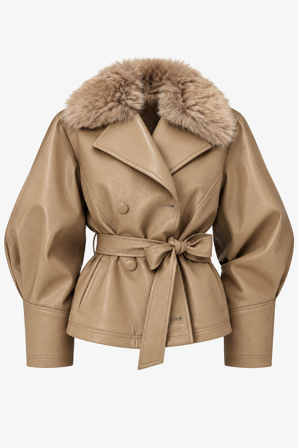 GIUBBINO ECOPELLE CRAZY BEIGE CON COLLO IN PELLICCIA