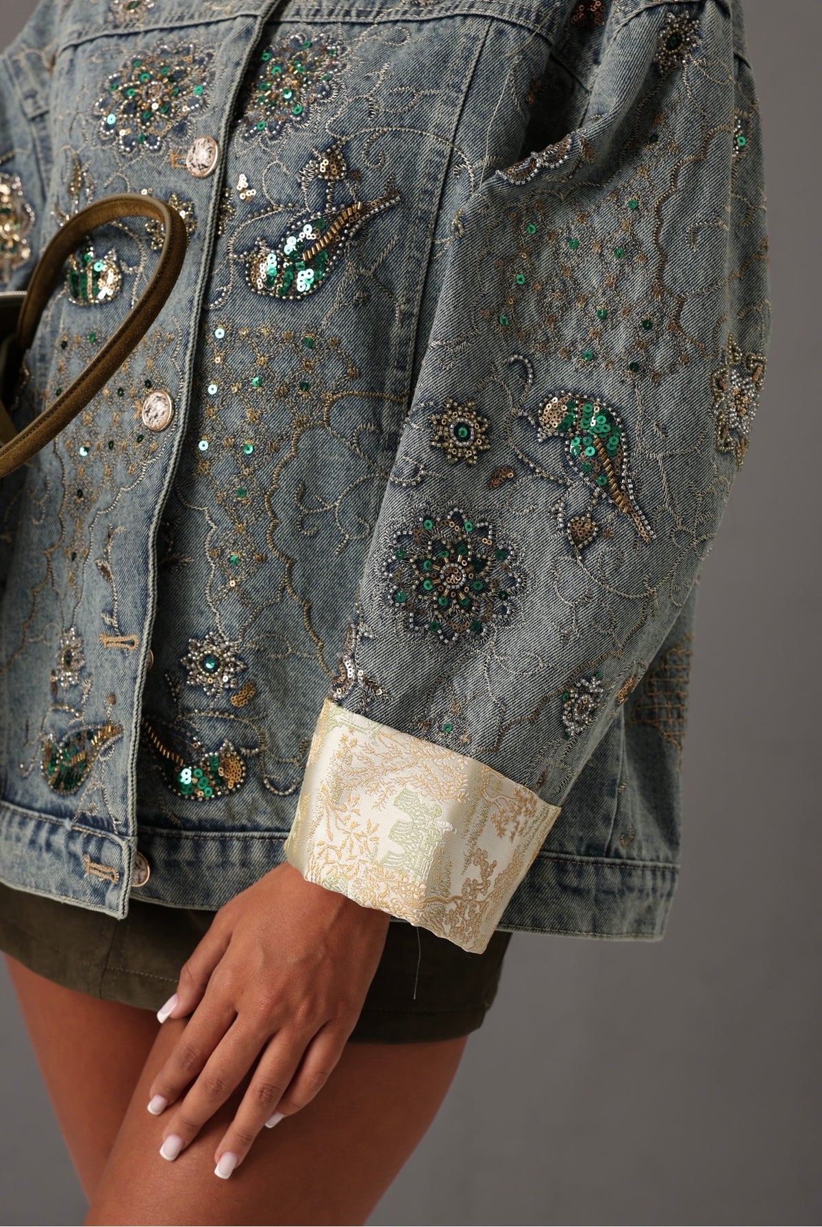 GIACCHINO RICAMI FIORATI CARLOTTA DENIM CHIARO/VERDI