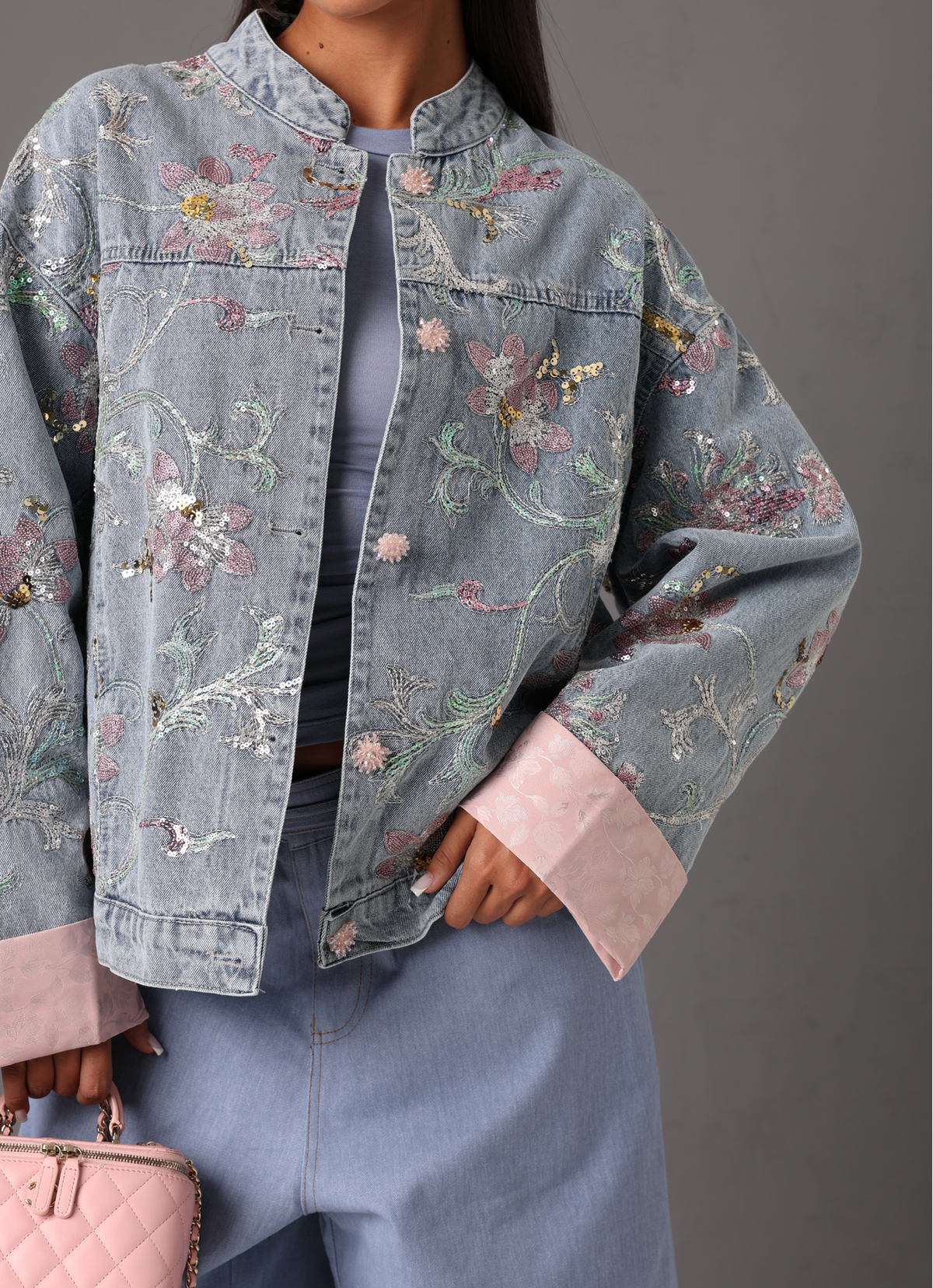 GIACCHINO RICAMI FIORATI ASIA DENIM CHIARO/ROSA