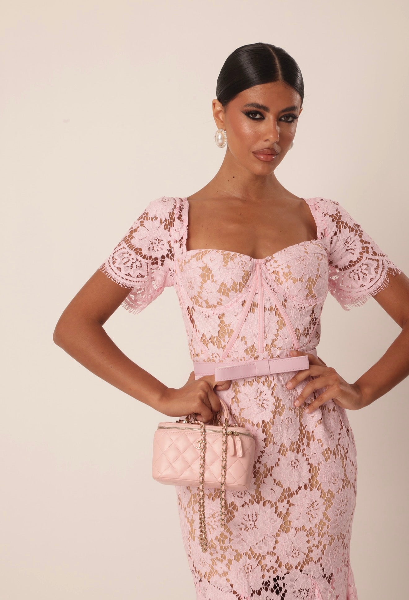 VESTITO PIZZO ORIENTE ROSA + CINTURA