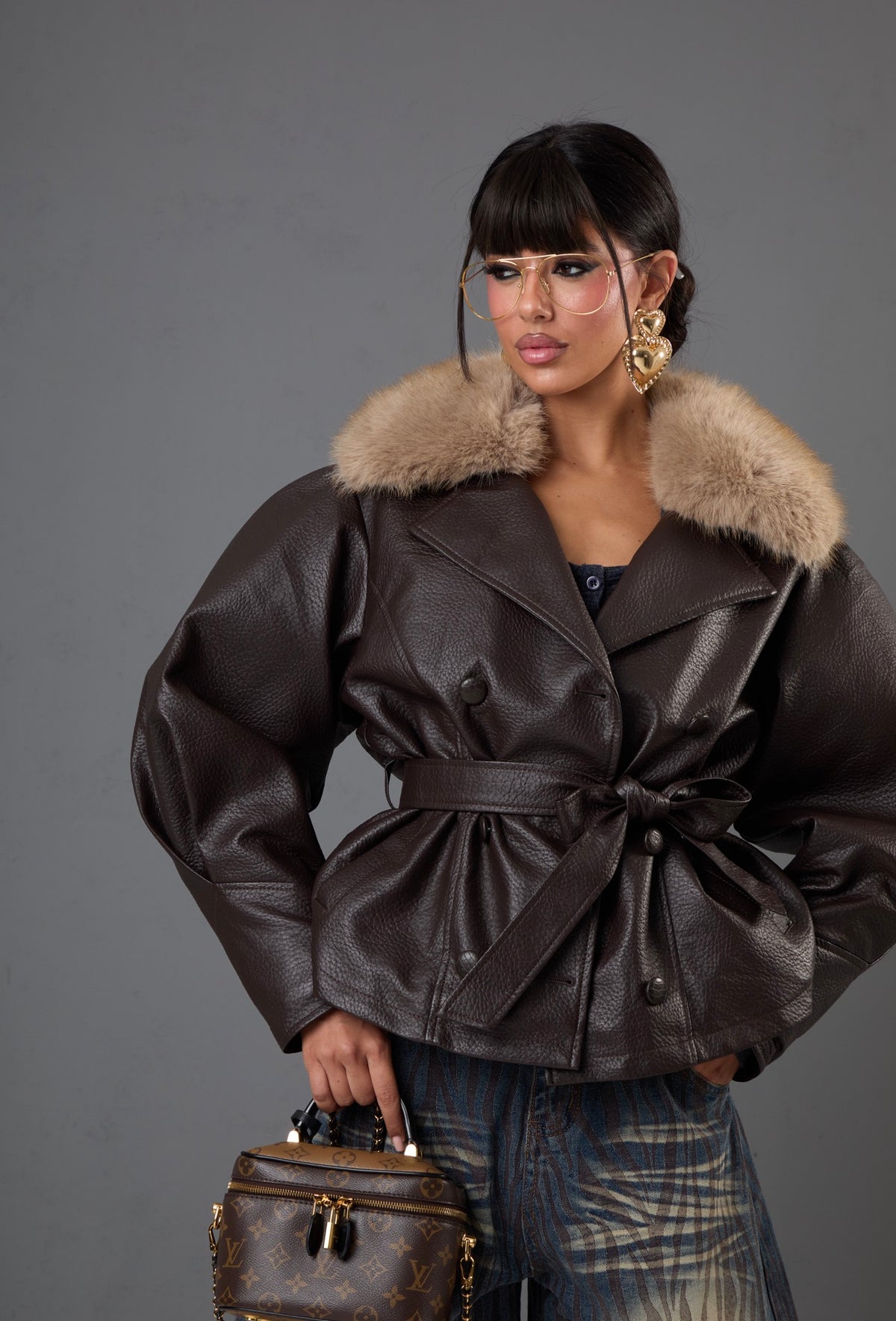 GIUBBINO ECOPELLE CRAZY MARRONE CON COLLO IN PELLICCIA
