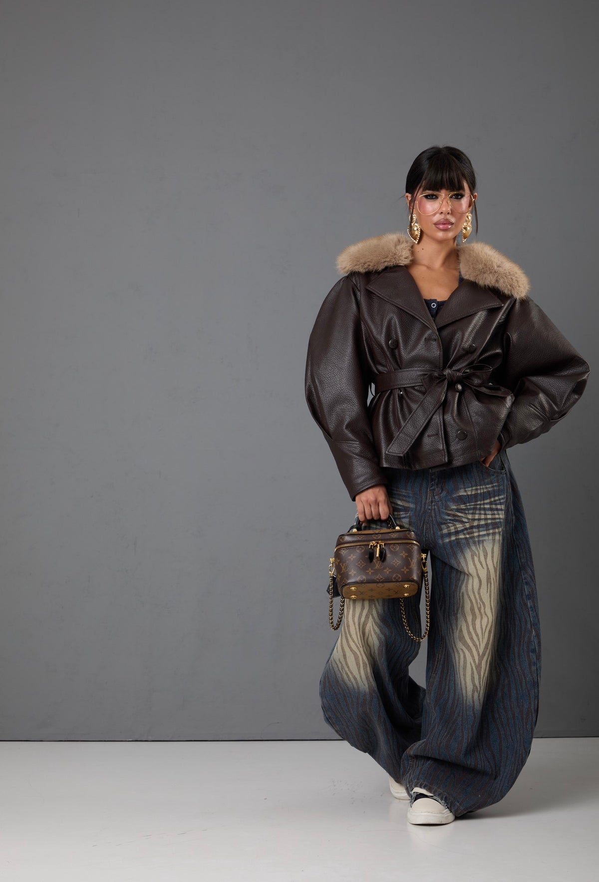 GIUBBINO ECOPELLE CRAZY MARRONE CON COLLO IN PELLICCIA