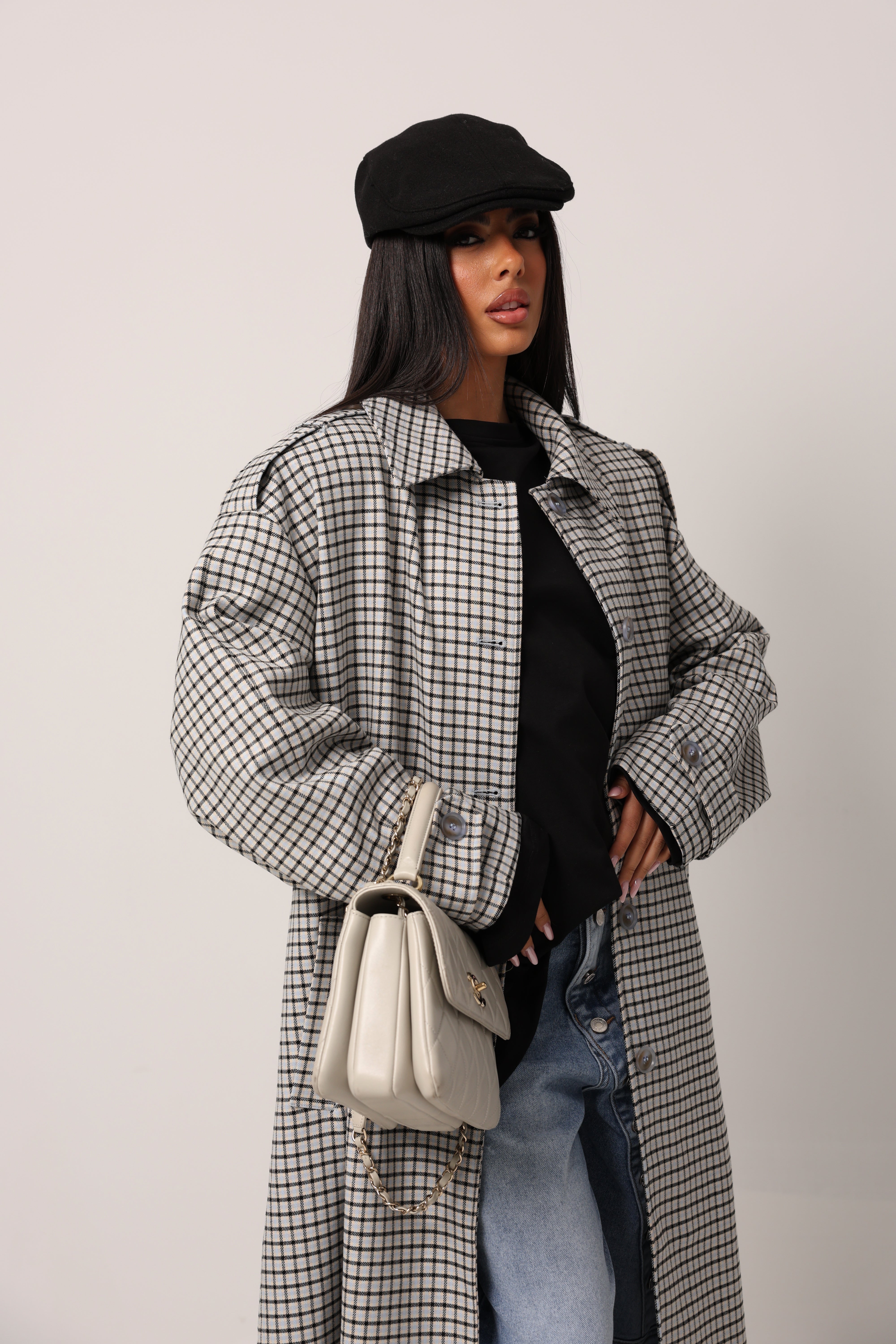 TRENCH QUADRETTI CYNTHIA CELESTE + CINTURA BY LUMINA