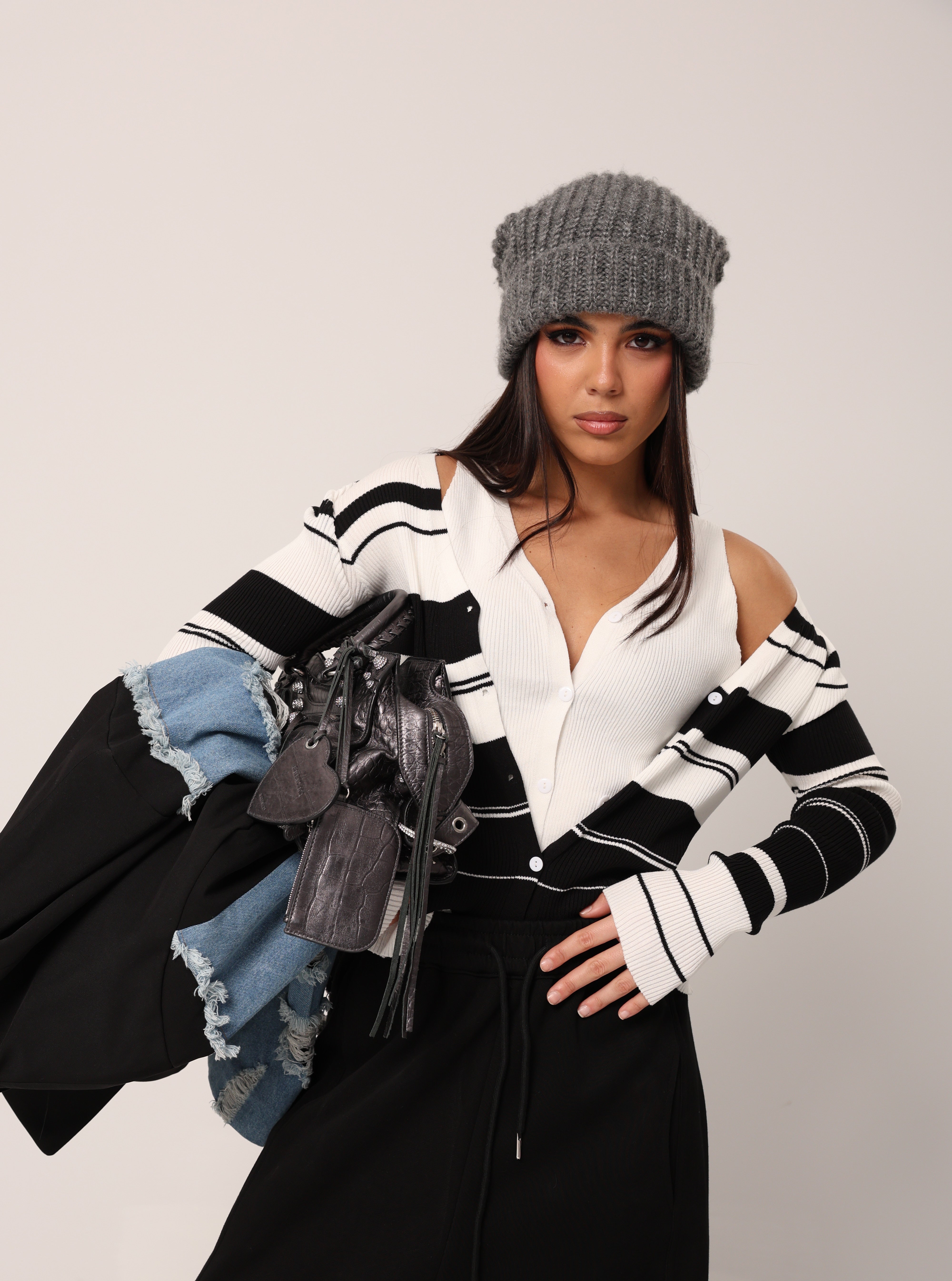 CARDIGAN RIGHE WITTY + CANOTTA BIANCO/NERO