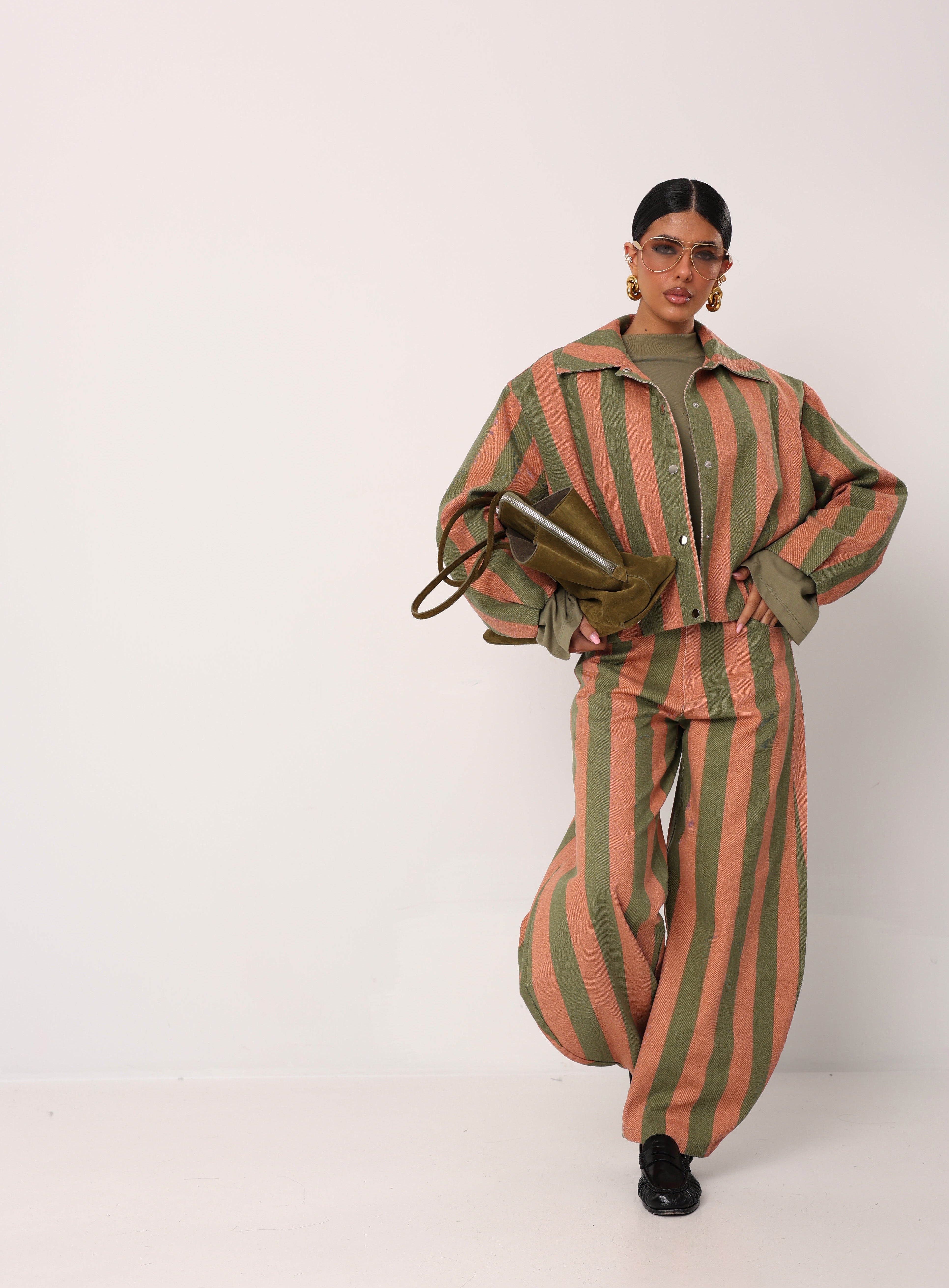 PANTALONI RIGHE ZELMA VERDE/MATTONE