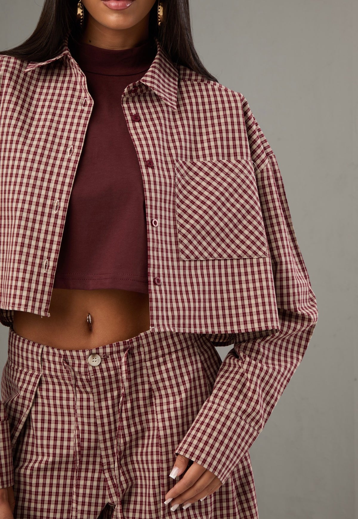 CAMICIA CROP QUADRETTI ISOTTA BORDEAUX