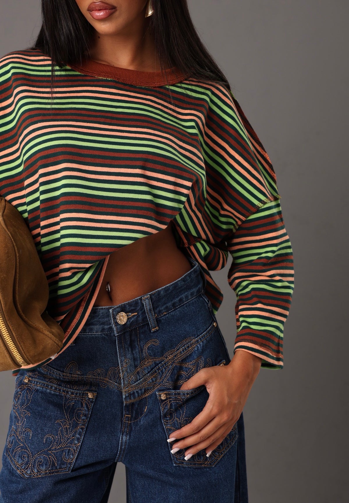 MAGLIA RIGHE PIPPI CAMEL/VERDE