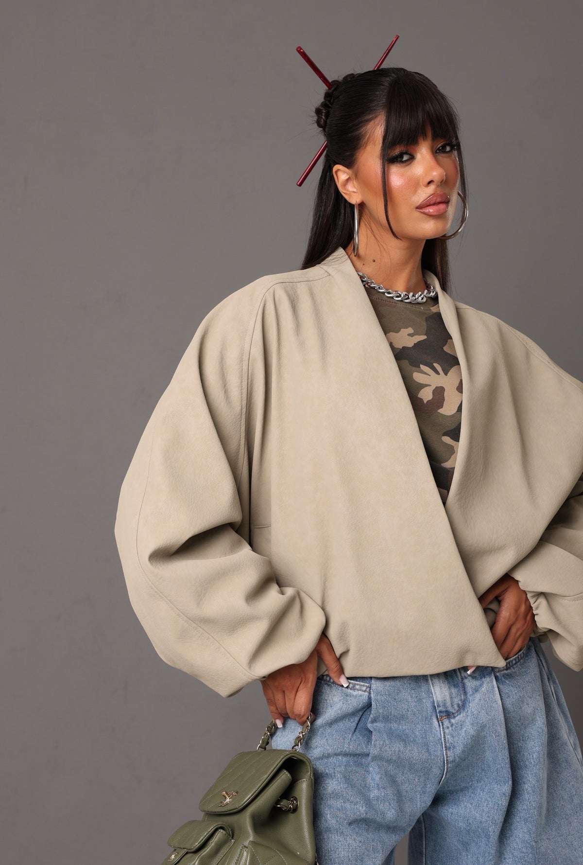 BOMBER ECOPELLE SCOLLO INCROCIATO ELARA BEIGE