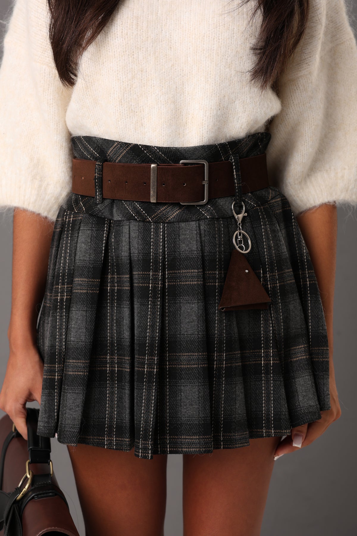 PANTAGONNA TARTAN PLISSÈ LALLY GRIGIA + CINTURA ECOCAMOSCIO