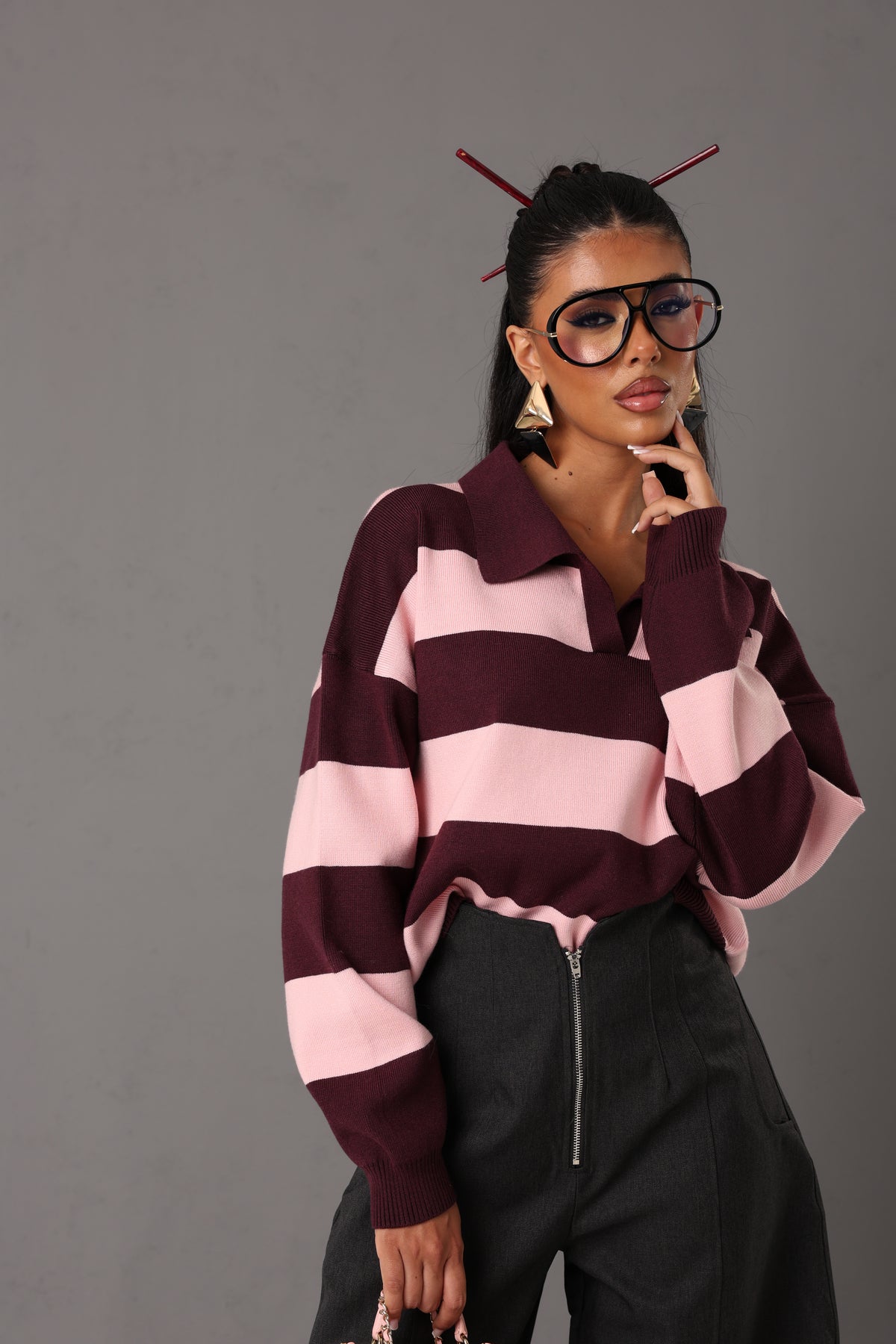 PLUM/PINK STRIPED POLO SHIRT