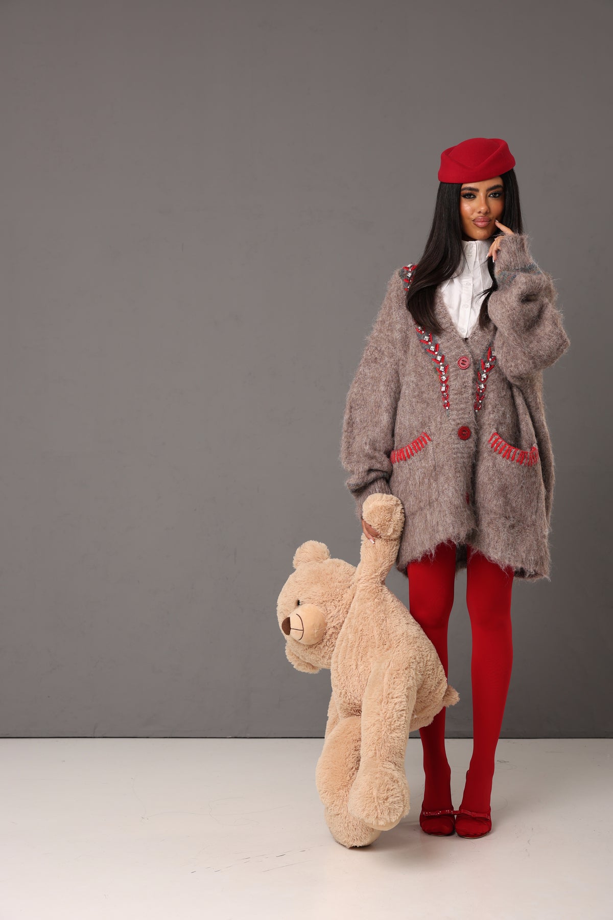 CARDIGAN STRASS ARIELLE BEIGE MELANGE/ROSSO