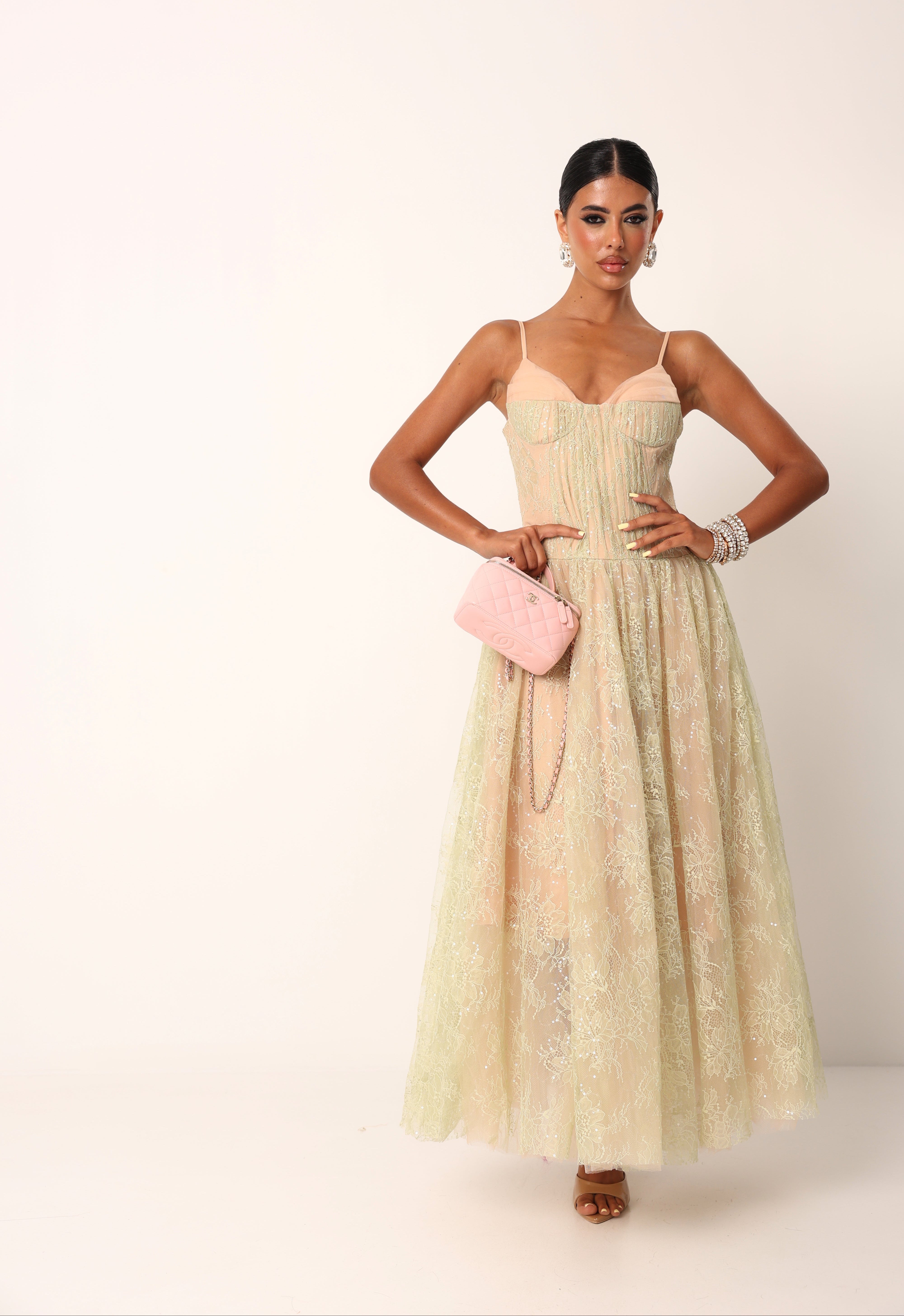 VESTITO PIZZO LANDY BEIGE/VERDE