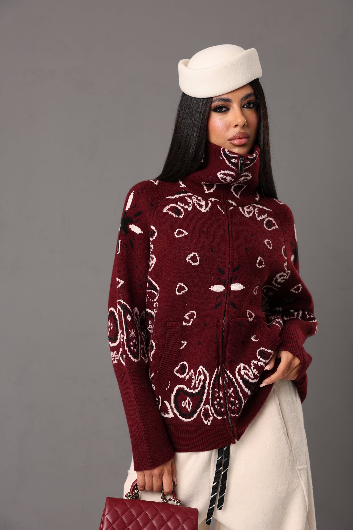 CARDIGAN COLLO ALTO PAISLEY DIANNE BORDEAUX