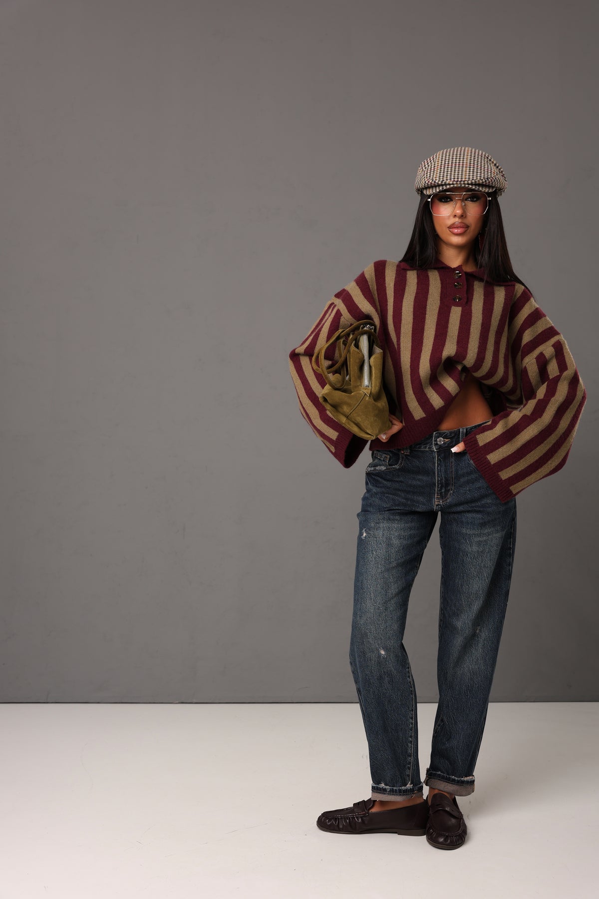 PULL RIGHE KELINDA KHAKI/BORDEAUX