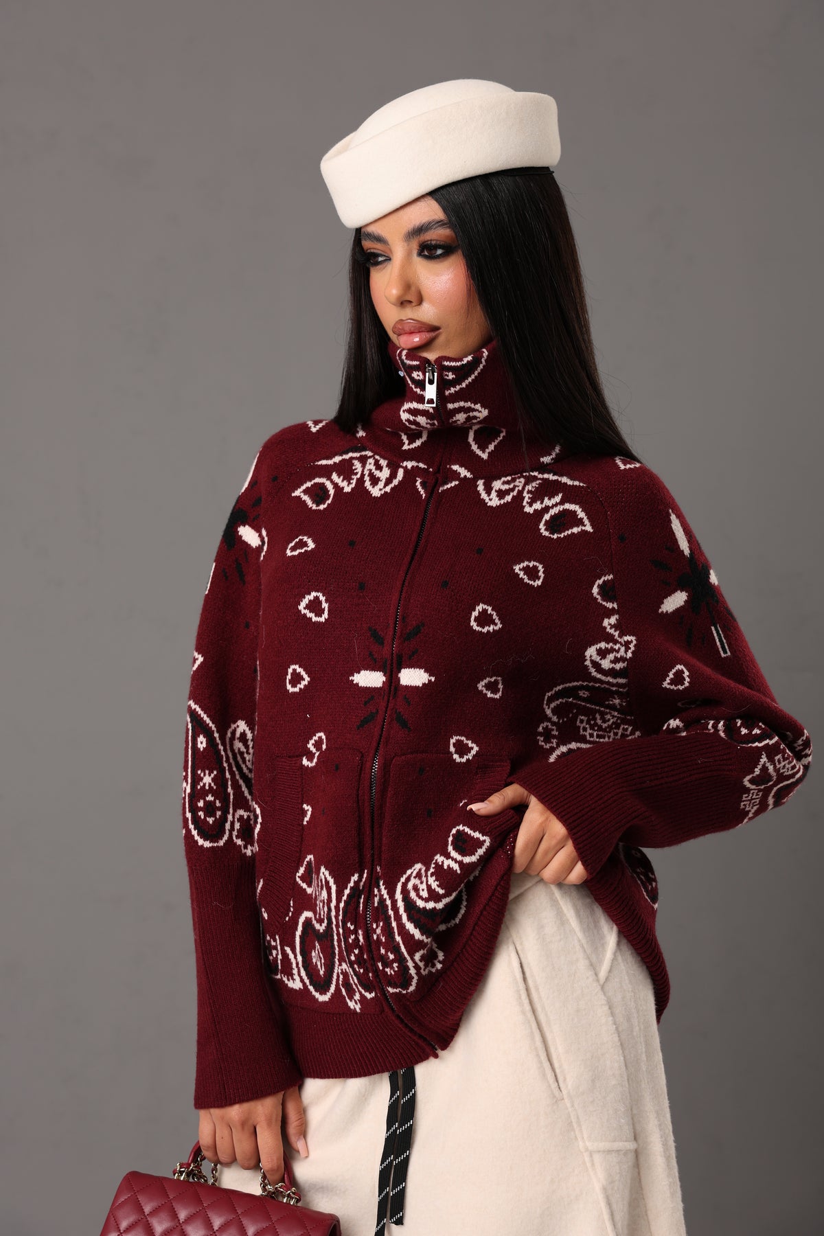 CARDIGAN COLLO ALTO PAISLEY DIANNE BORDEAUX