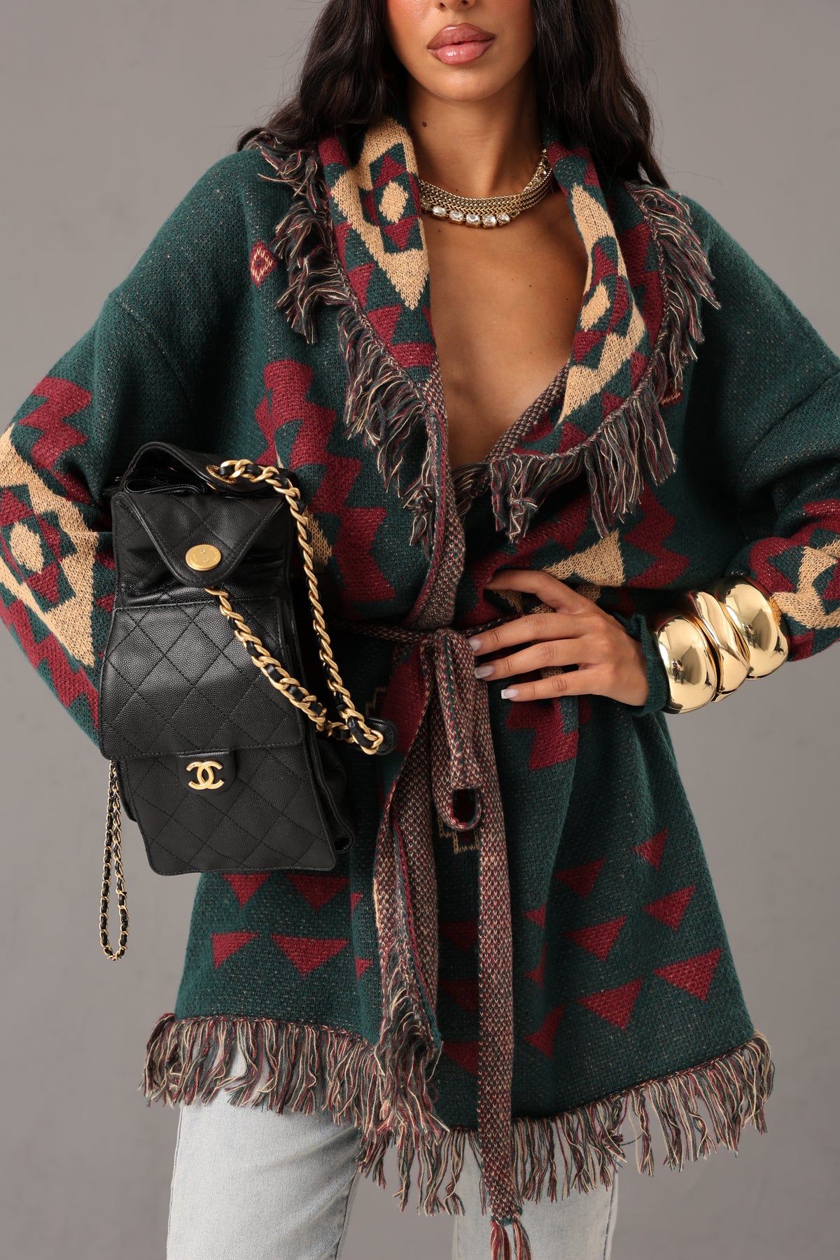 CARDIGAN FRANGE AZTECO VERDE