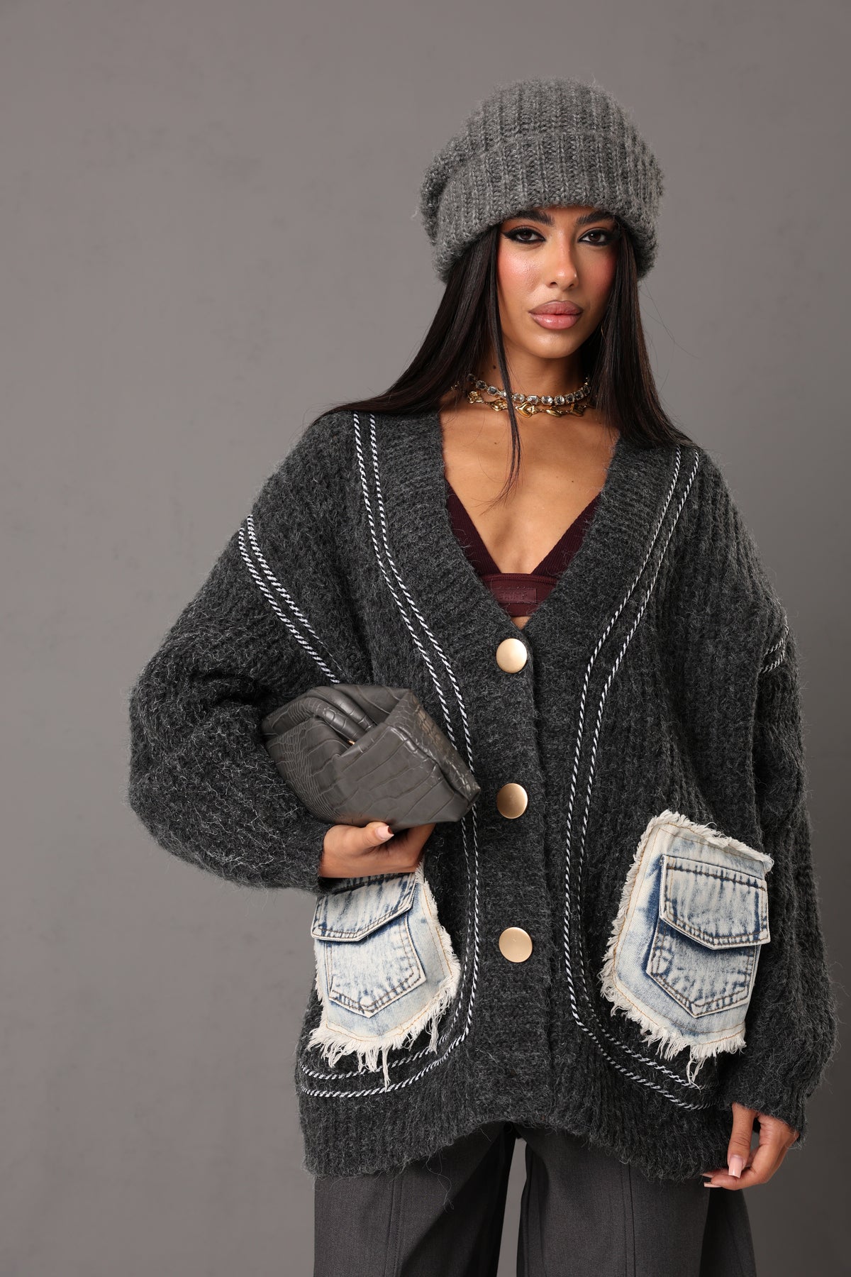 CARDIGAN TASCHE SHAREN GRIGIO ANTRACITE