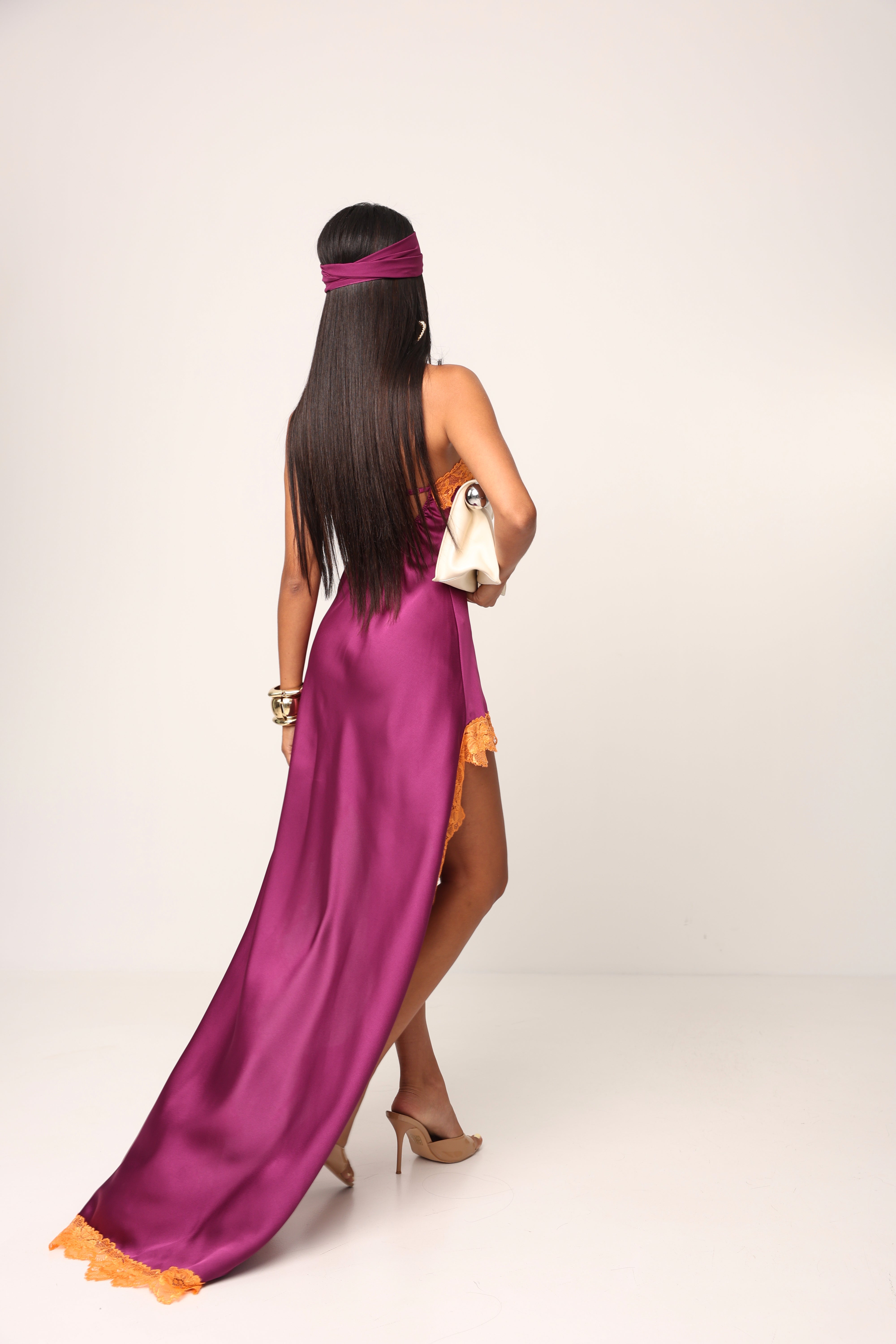 VESTITO ASIMMETRICO GIULIA MAGENTA/ARANCIO