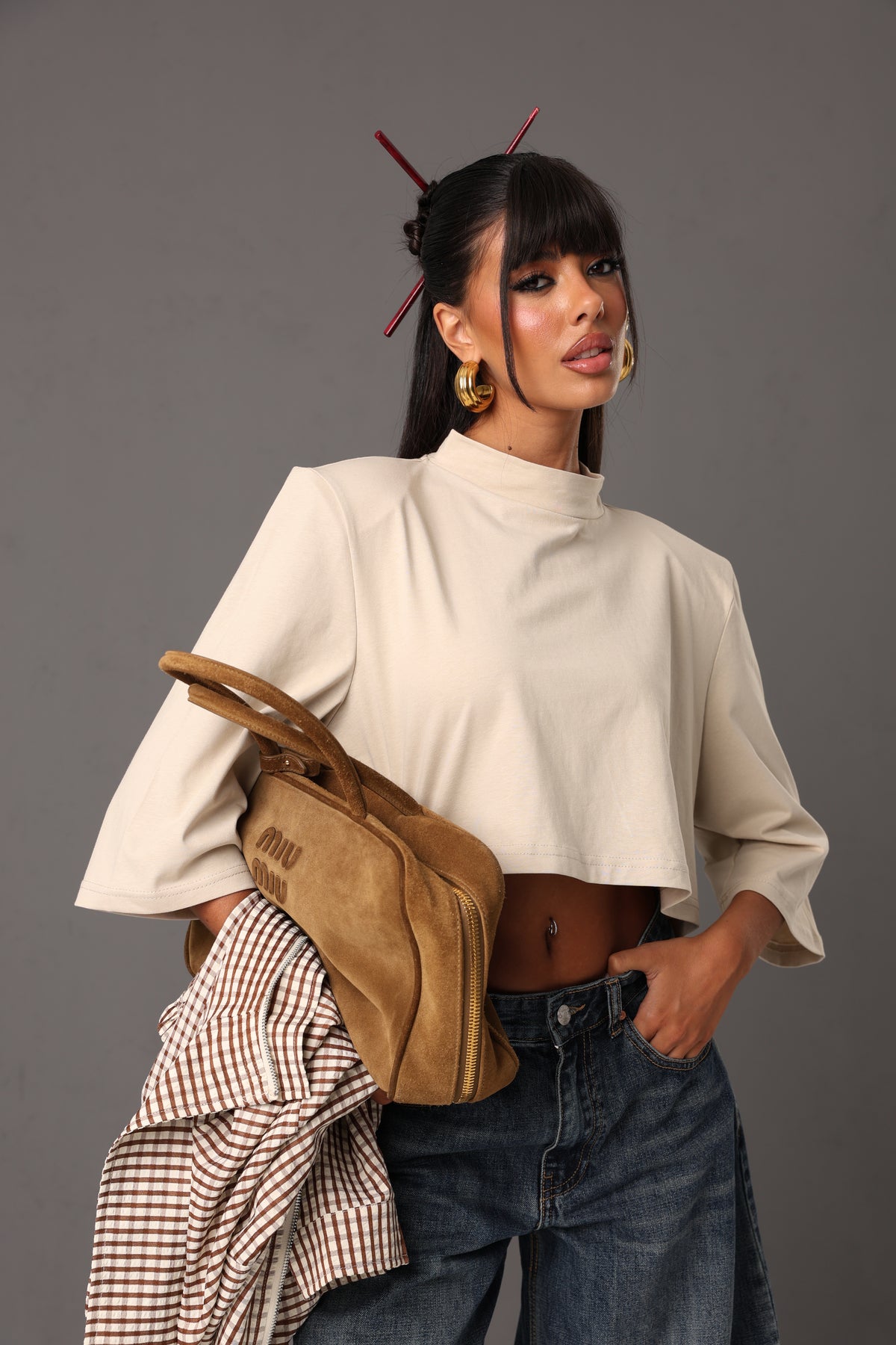 T-SHIRT CROP SPALLINE YOLE CREMA 100% COTONE