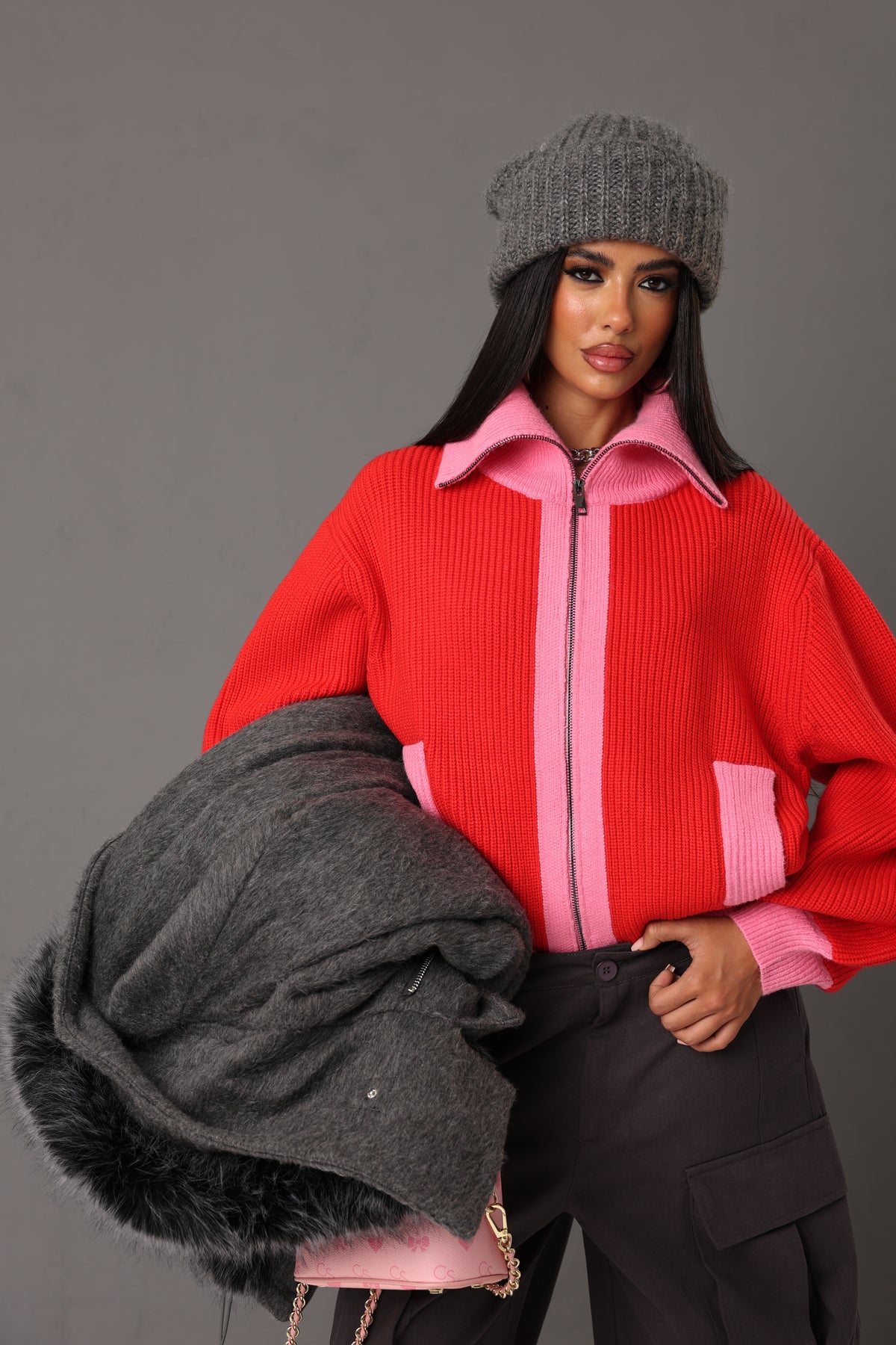 CARDIGAN COLLO ALTO KRISTA ROSSO/ROSA