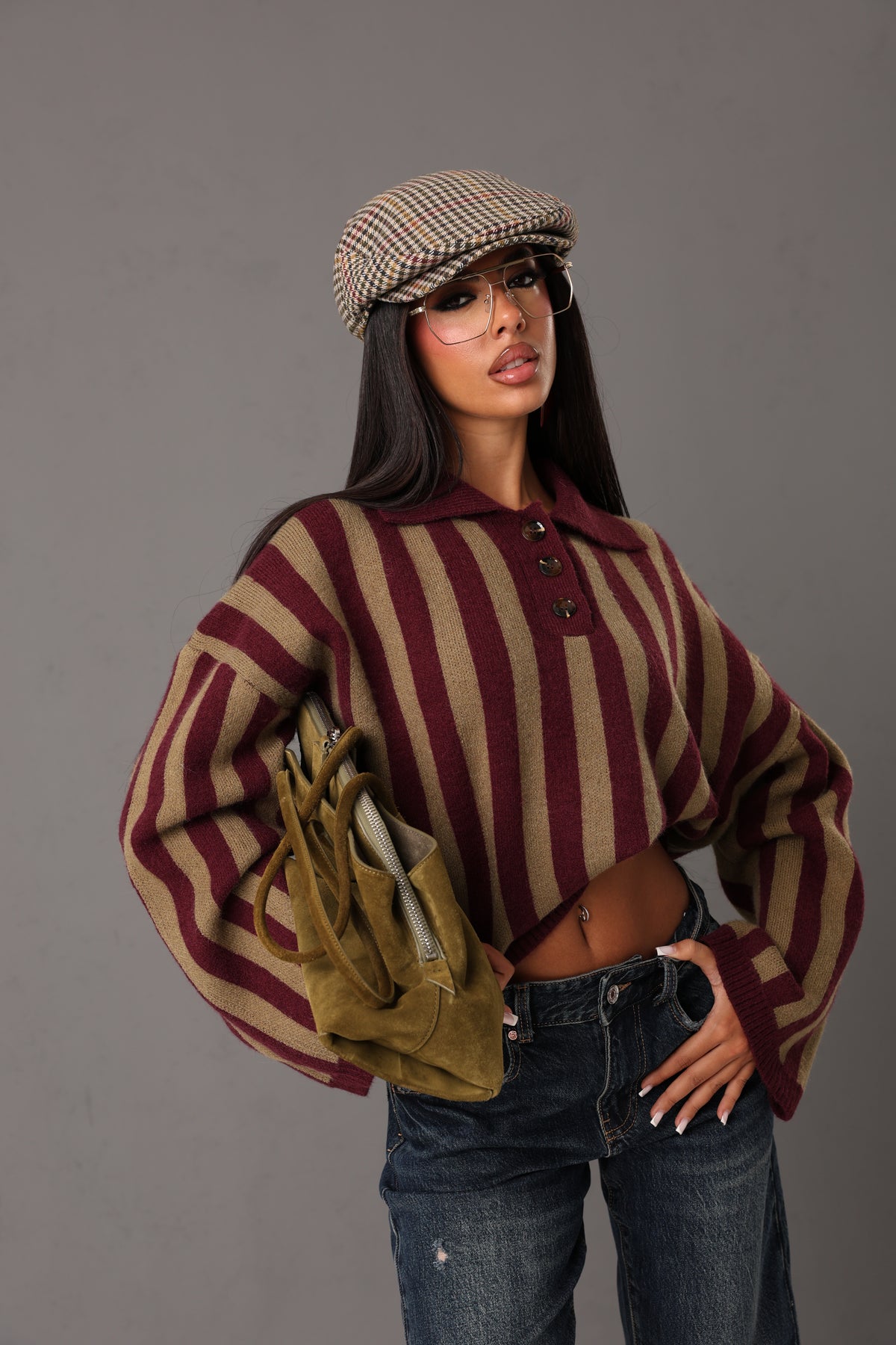 PULL RIGHE KELINDA KHAKI/BORDEAUX