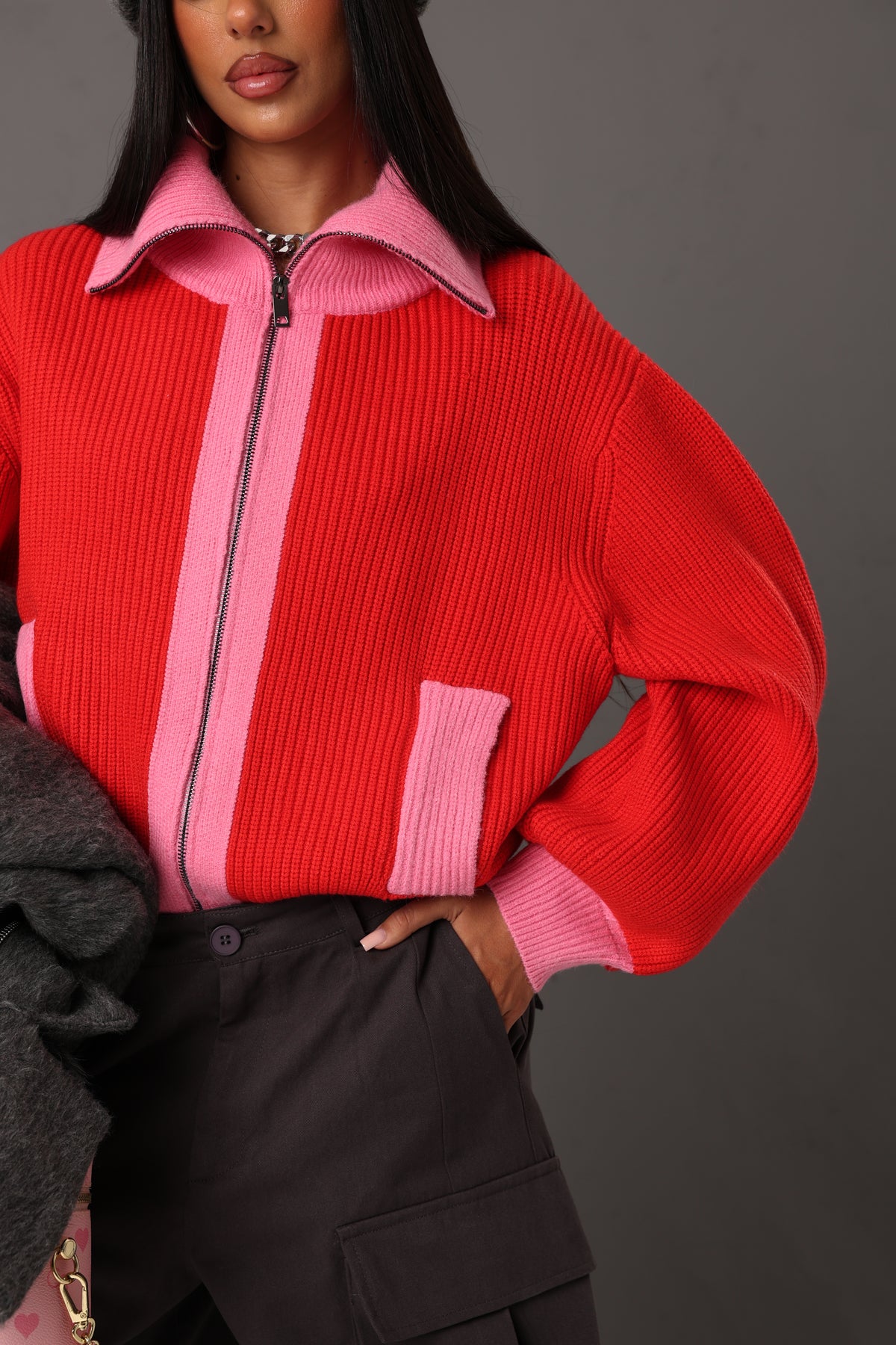 CARDIGAN COLLO ALTO KRISTA ROSSO/ROSA