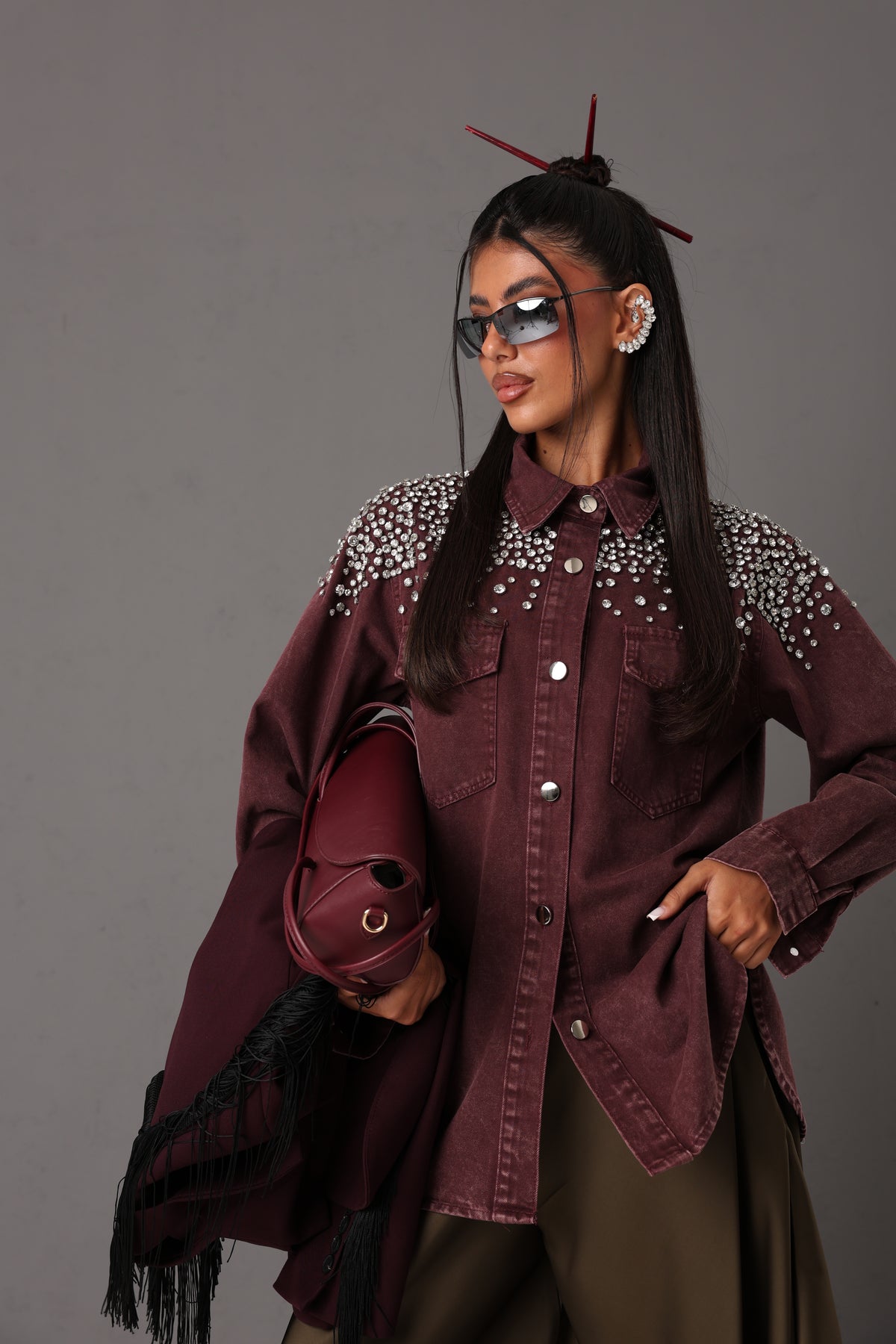 CAMICIA STRASS CRISTINA DENIM BORDEAUX