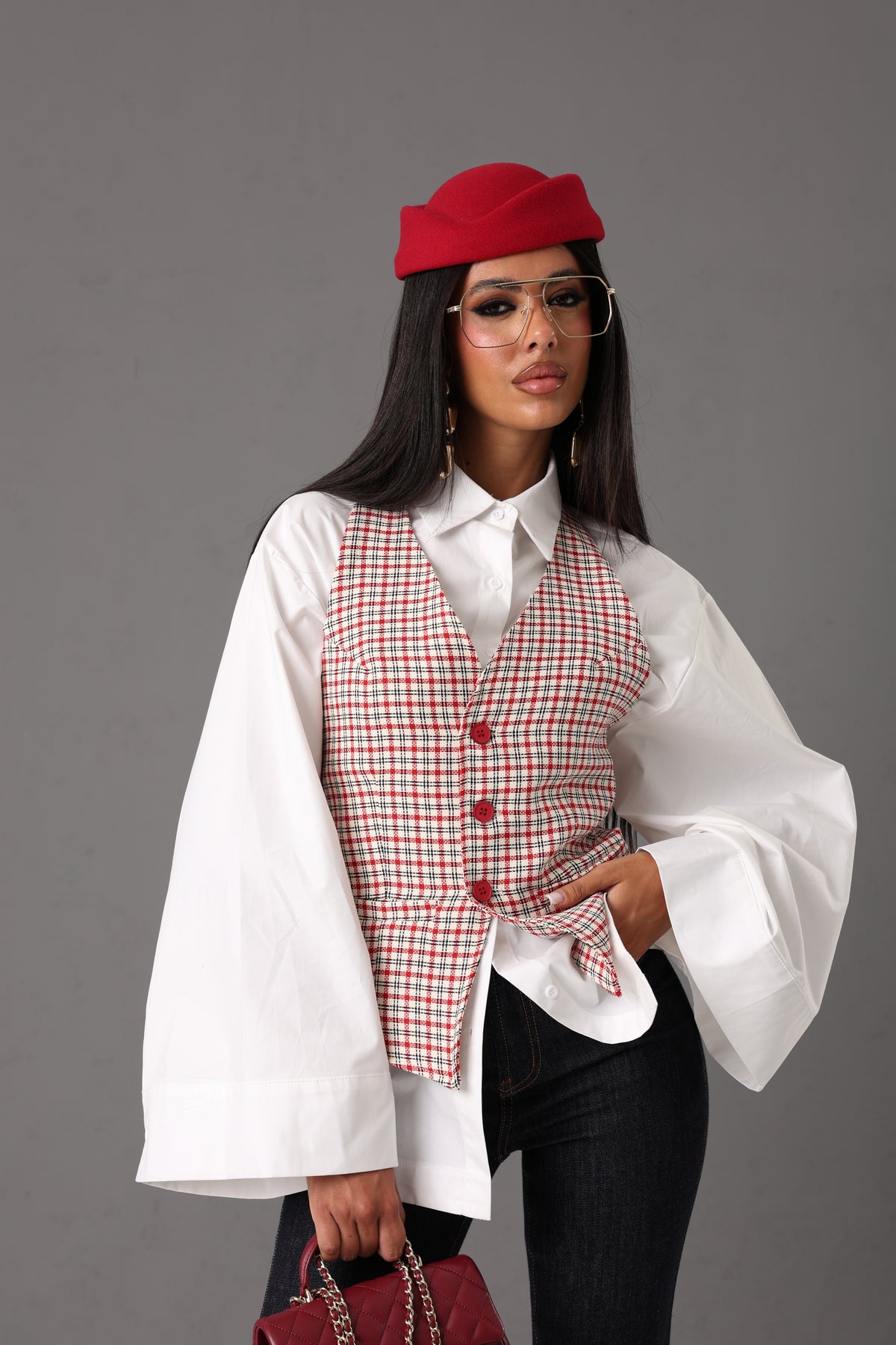 GILET QUADRETTI MAGDA PANNA/ROSSO