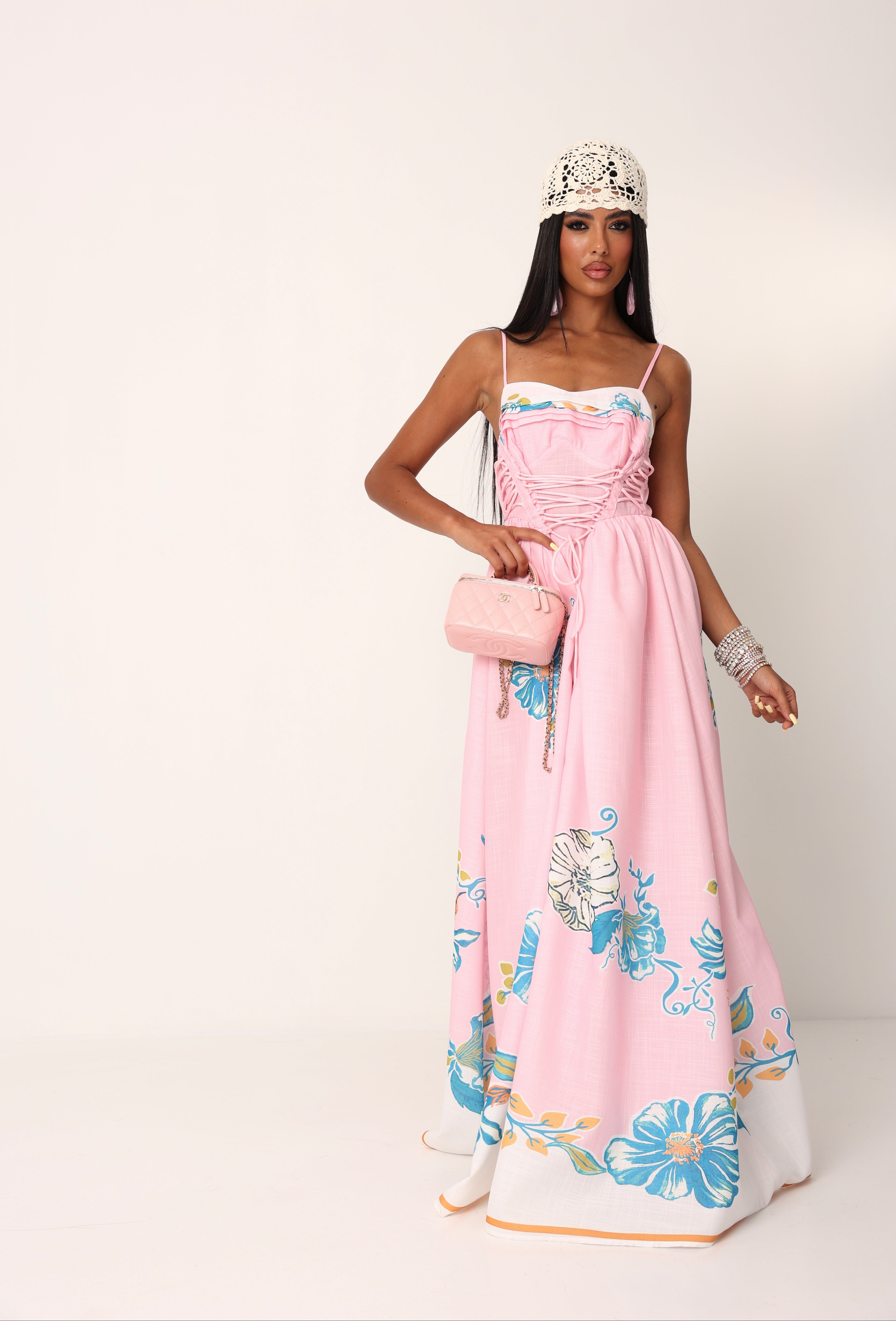 VESTITO STRINGHE AURORA FIORATO ROSA