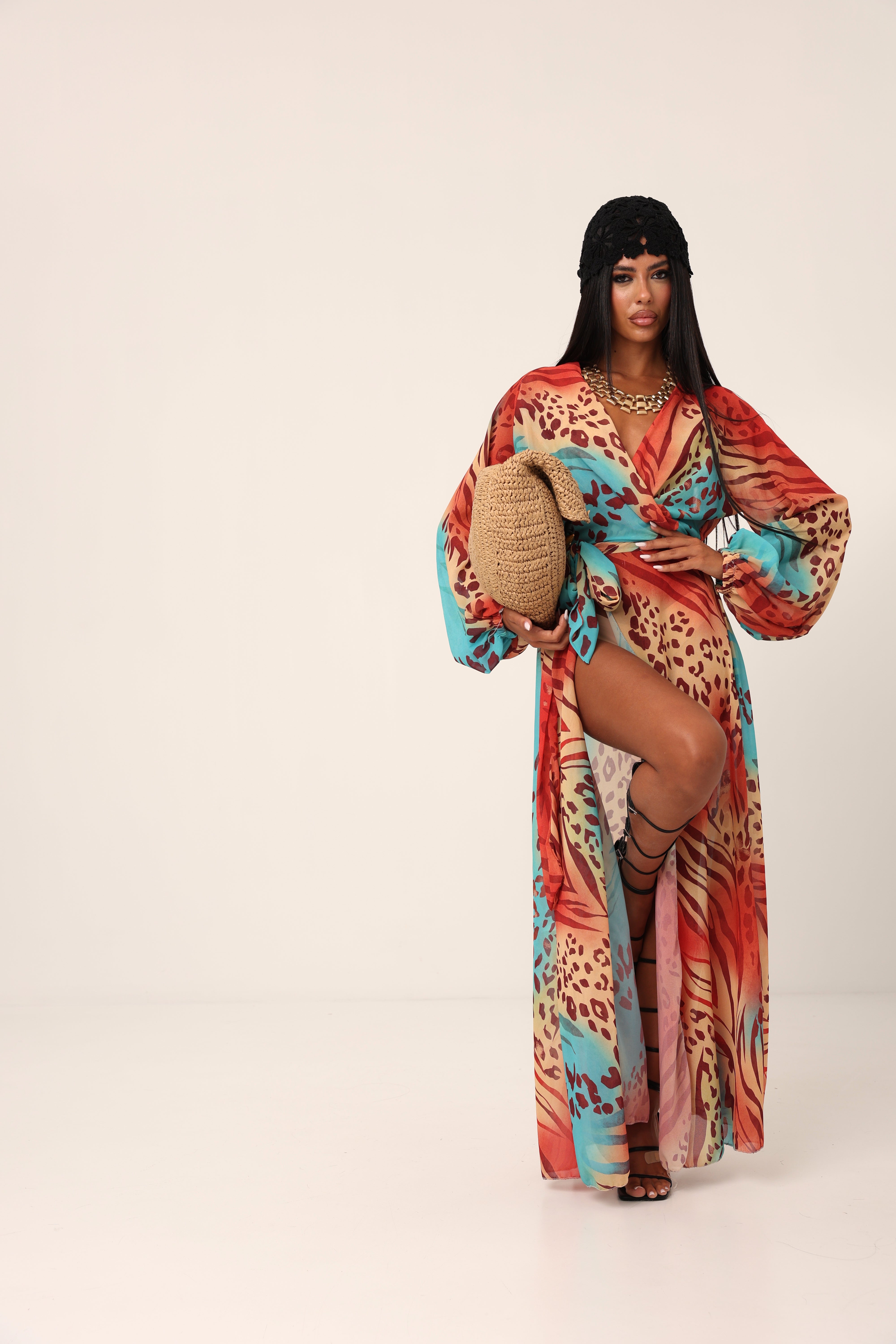 VESTITO ANIMALIER AMIRAH ROSSO/ACQUA