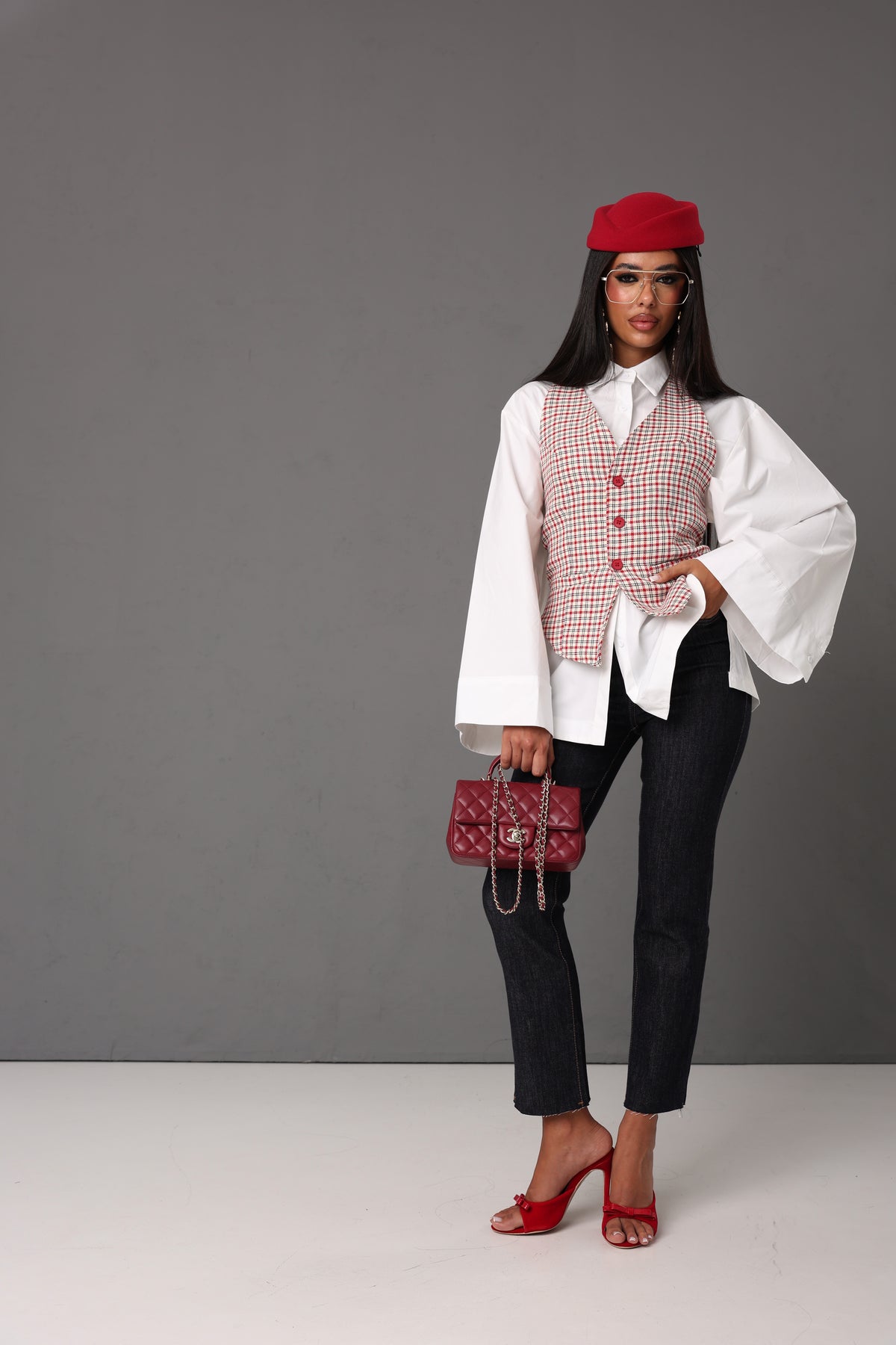 GILET QUADRETTI MAGDA PANNA/ROSSO