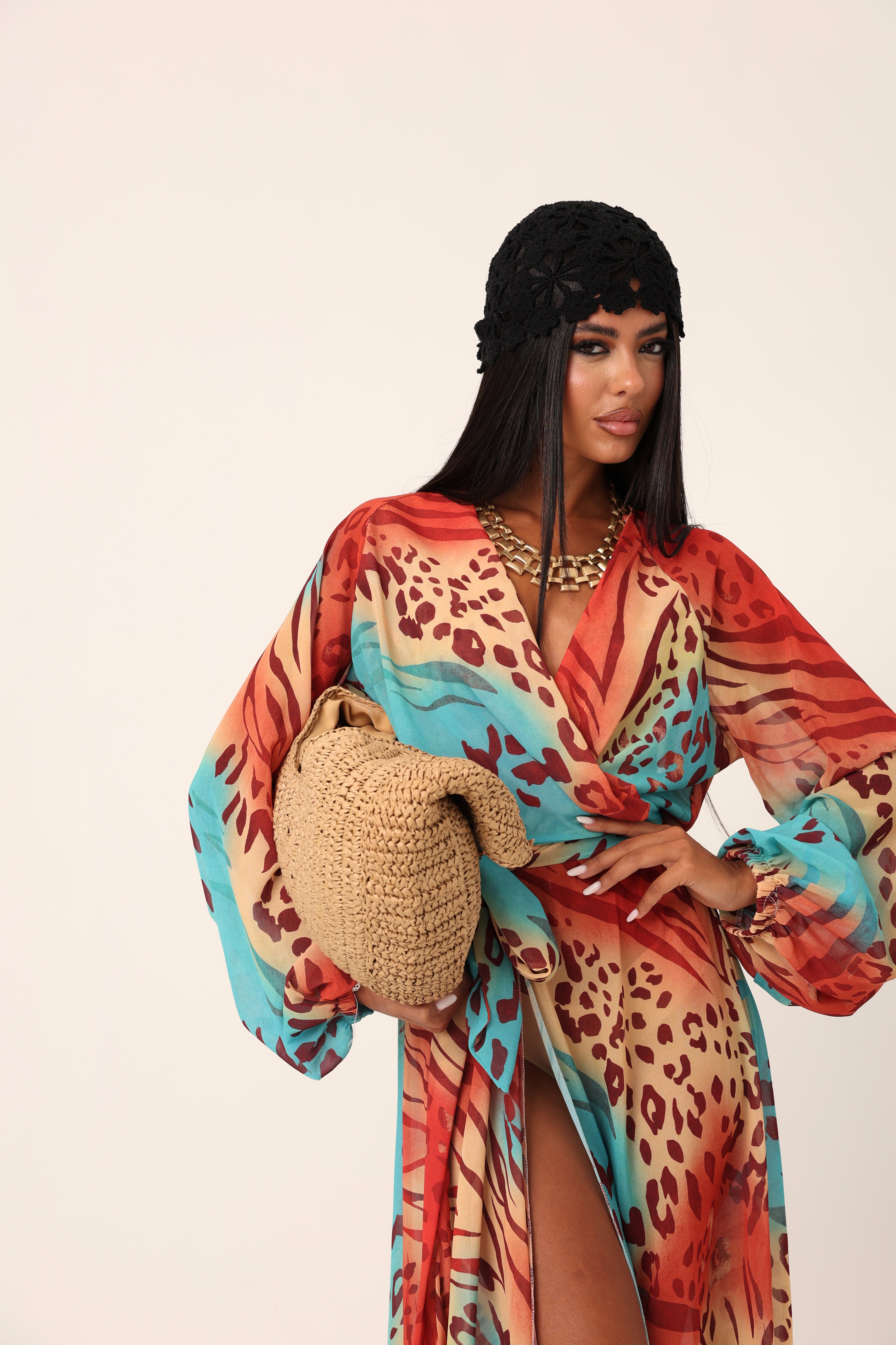 VESTITO ANIMALIER AMIRAH ROSSO/ACQUA